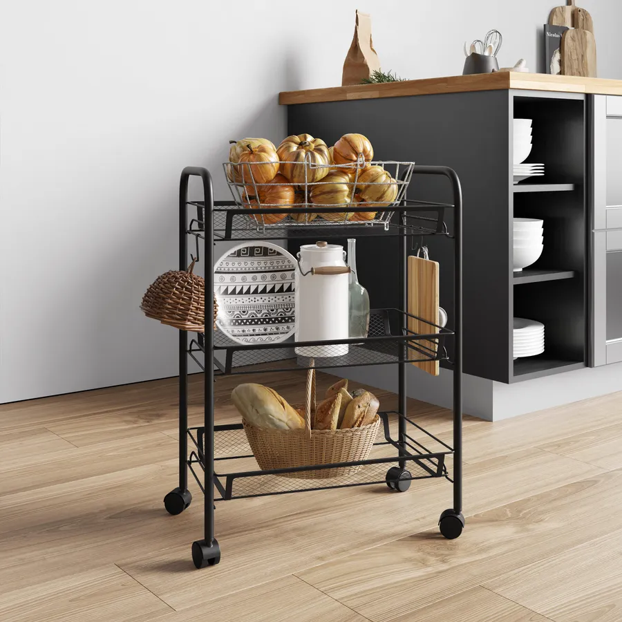 Carrello Da Cucina HWC-C64 In Metallo Nero – 3 Ceste E 4 Ruote, Perfetto Per Ogni Ambiente