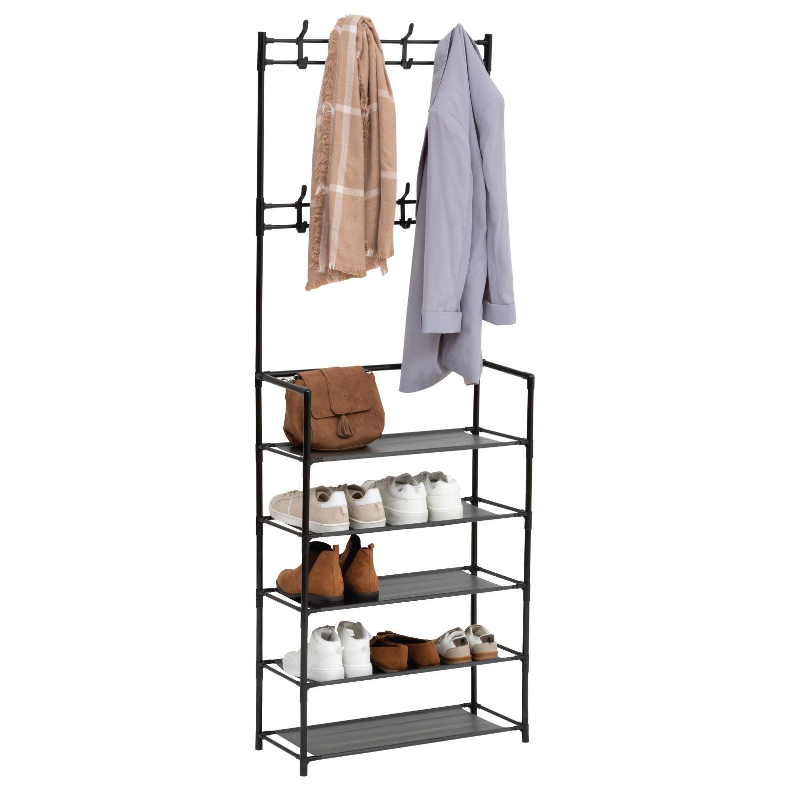 Mobile d'ingresso 60x170h cm in acciaio nero con scarpiera a 6 ripiani in tessuto e