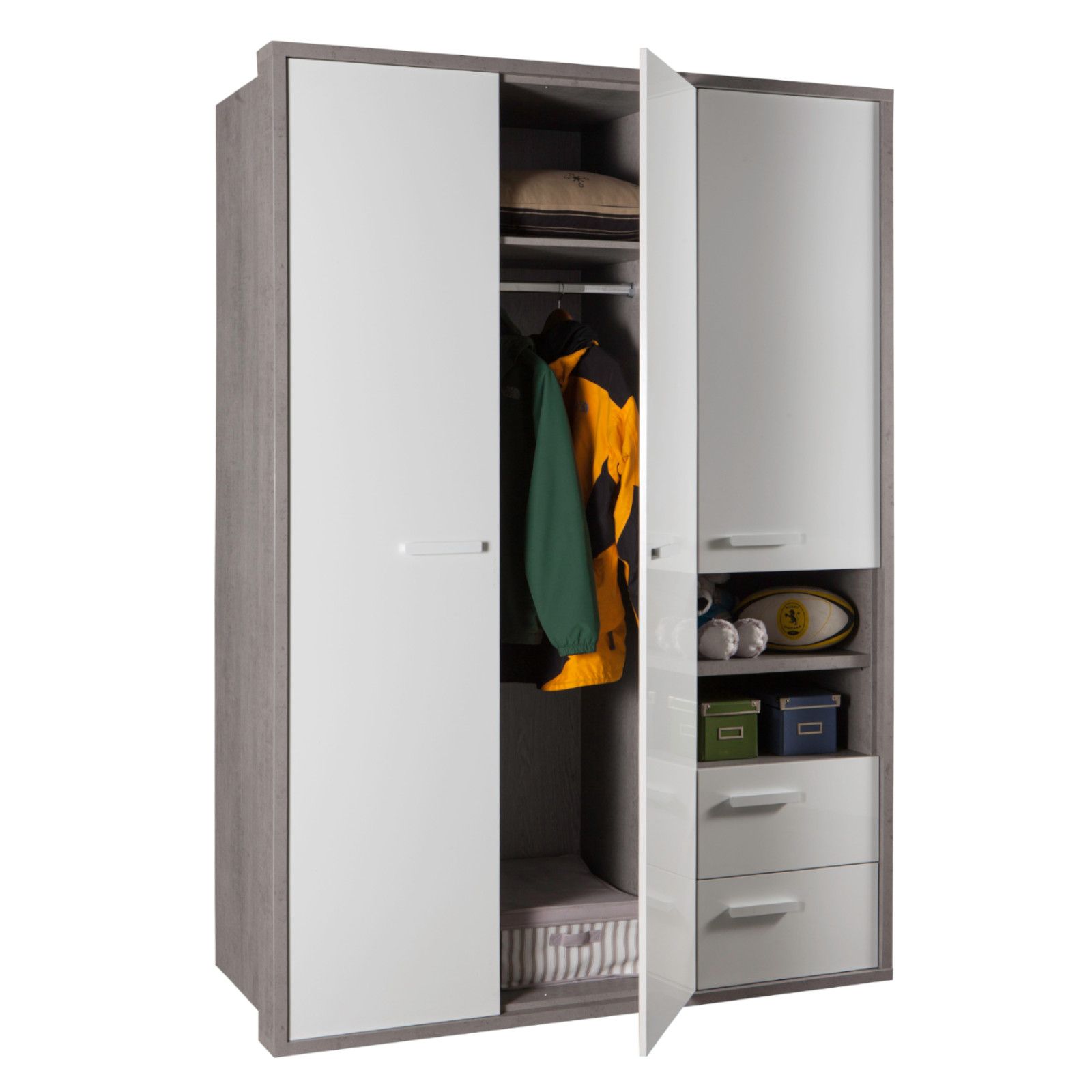 Armadio 153x217h cm con tre ante e due cassetti in legno bianco lucido e  grigio cemento - Adore