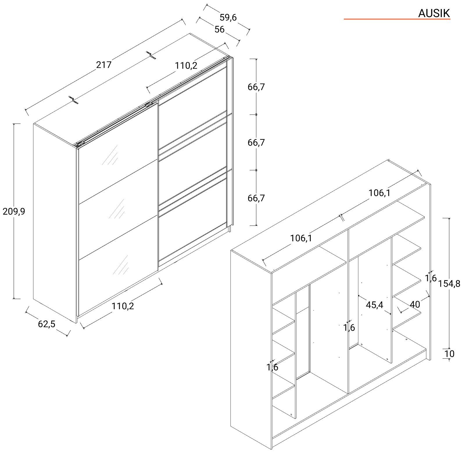 Armadio 220x214 h cm in legno savana e bianco con specchio - Ausik