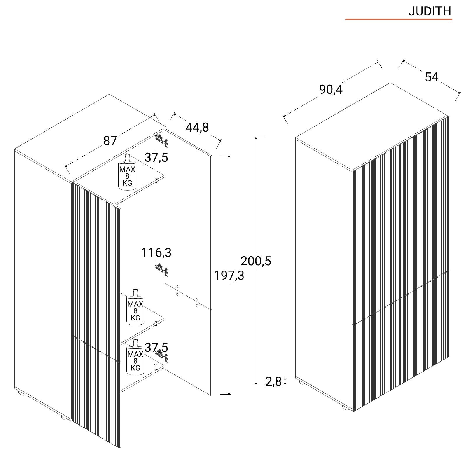 Armadio 90x200h cm in legno bianco opaco cannettato - Judith