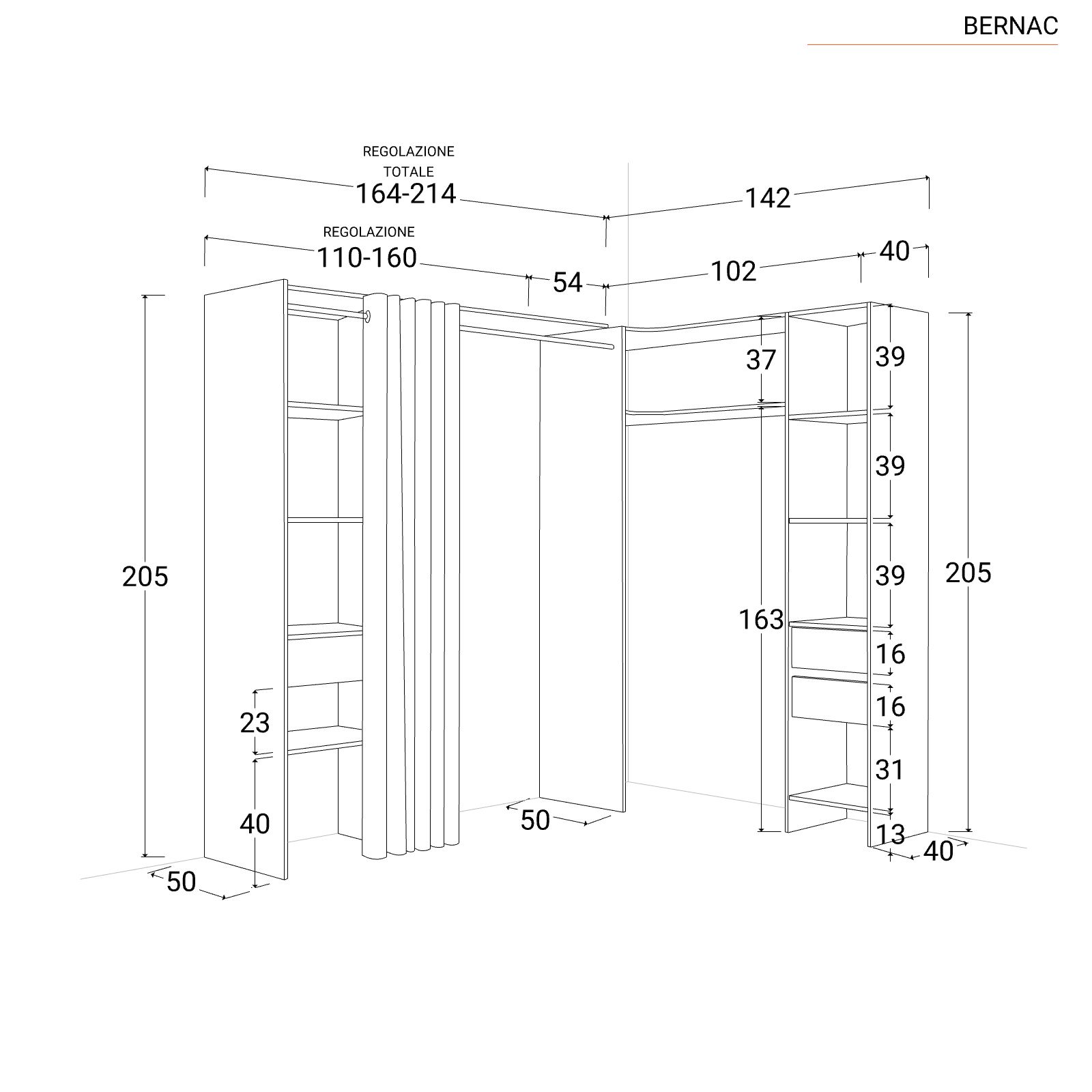 Armadio a giorno angolare 213-163x205h cm in legno bianco con tre cassetti  ripiani e tenda 