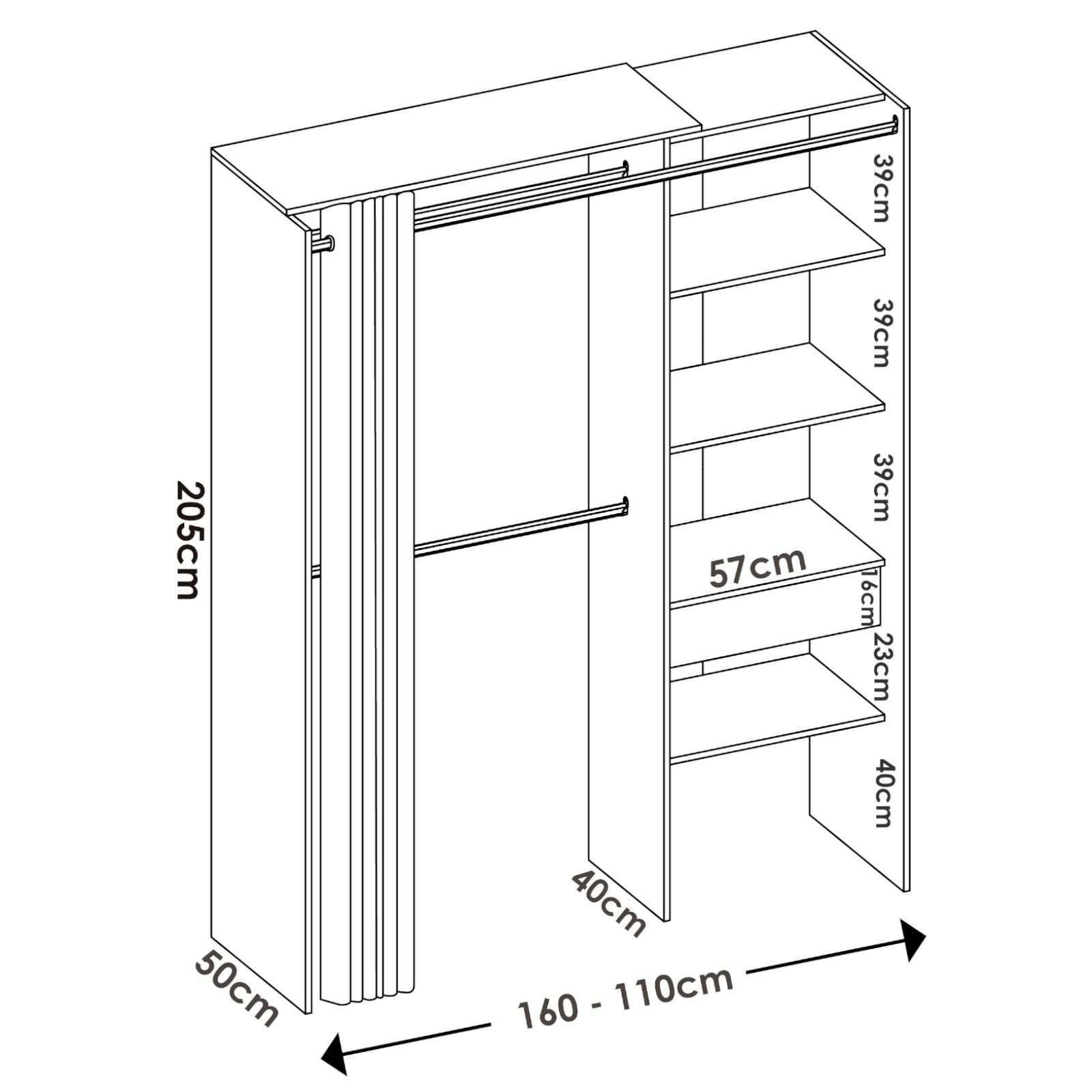 Armadio regolabile 160-110x205 h cm in rovere naturale con tenda - Bernac