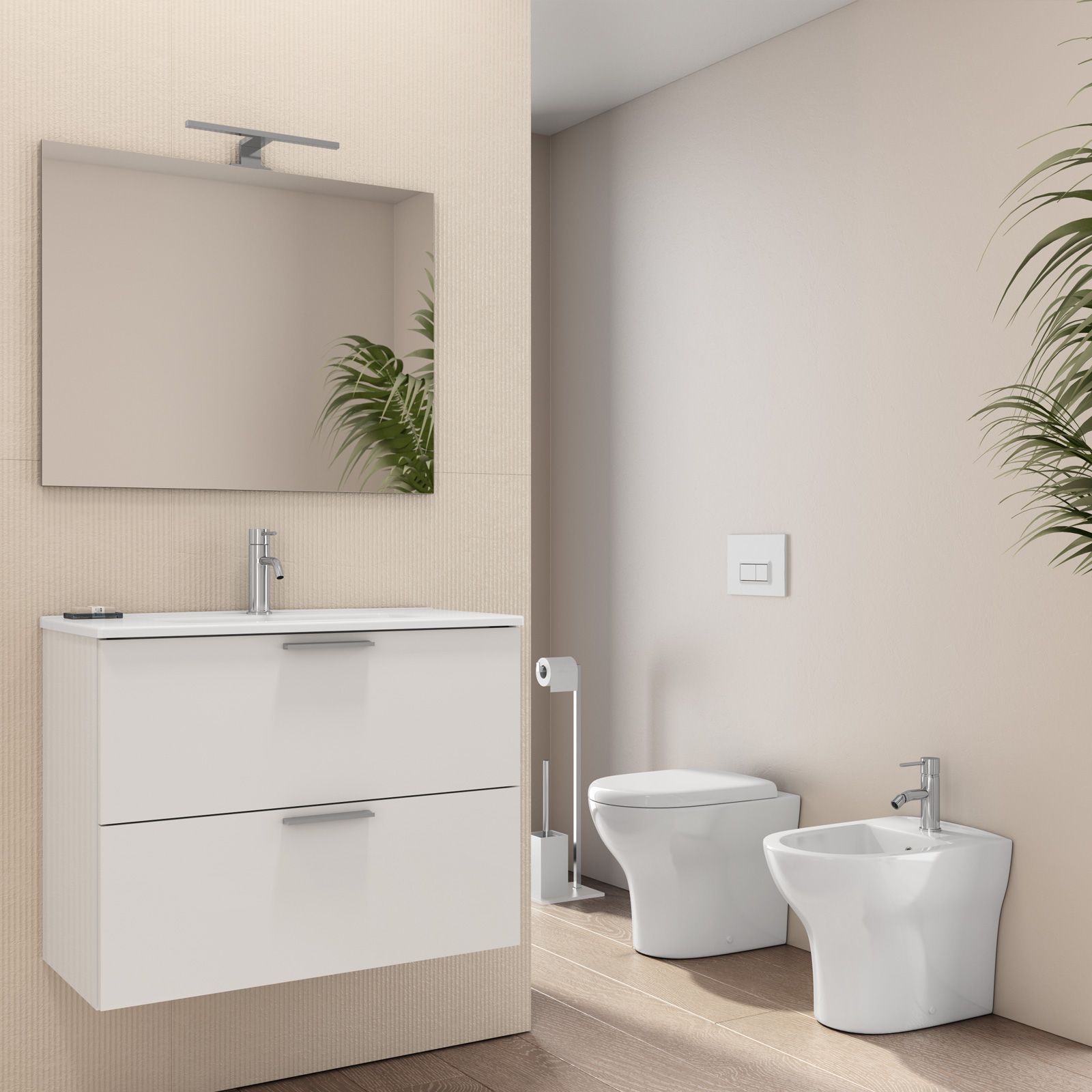 Bagno completo con mobile bagno sospeso 80 cm bianco lucido con specchio  sanitari e miscelatori - Karly