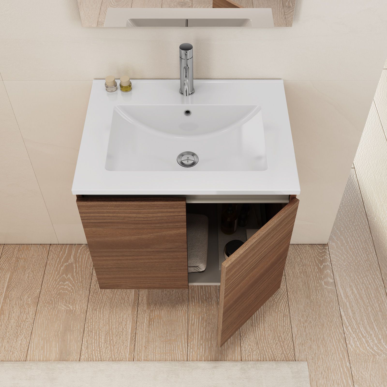 Bagno completo con mobile sospeso 100 cm rovere gold 3 ante con specchio  sanitari e miscelatori 