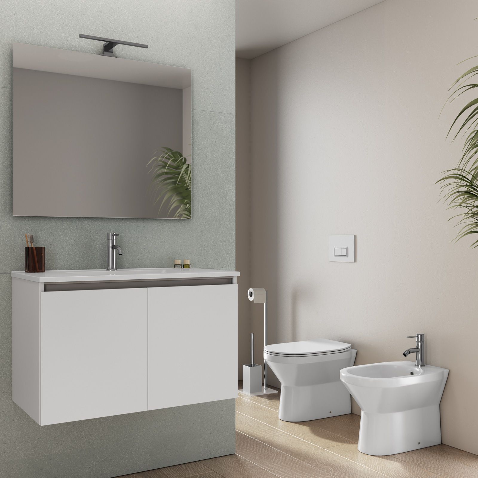 Bagno completo con mobile sospeso 80 cm profondità 39 cm bianco lucido con  specchio sanitari e