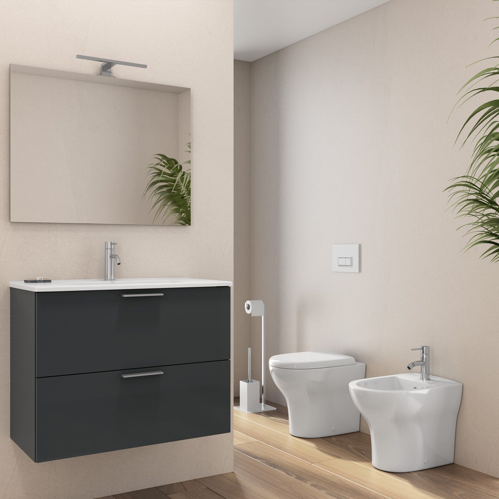 Bagno completo con mobile sospeso 80 cm profondità 39 cm grigio con  specchio sanitari e miscelatori - Karly