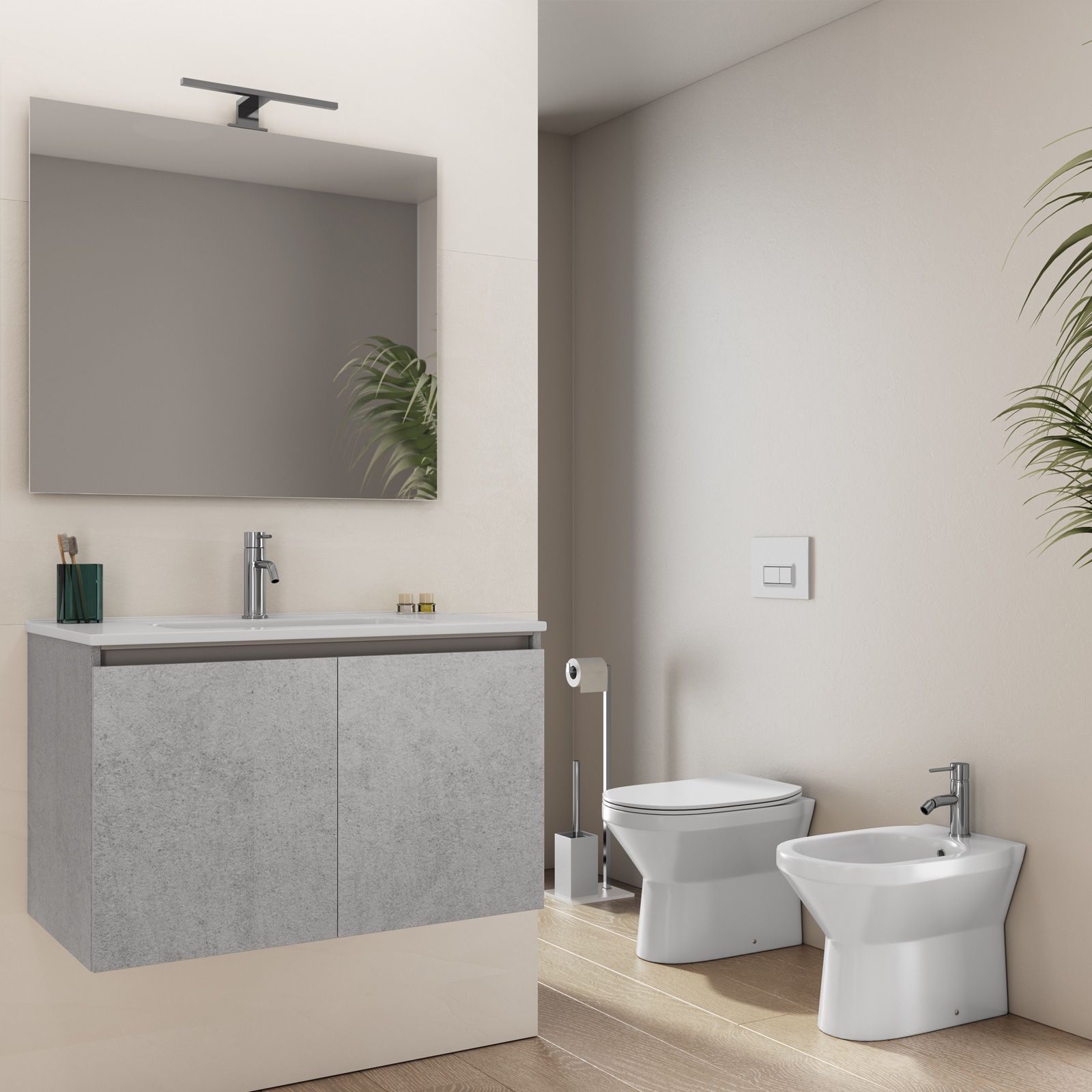 Mobile bagno sospeso 81 cm grigio con 2 ante completo di ceramica e  specchio