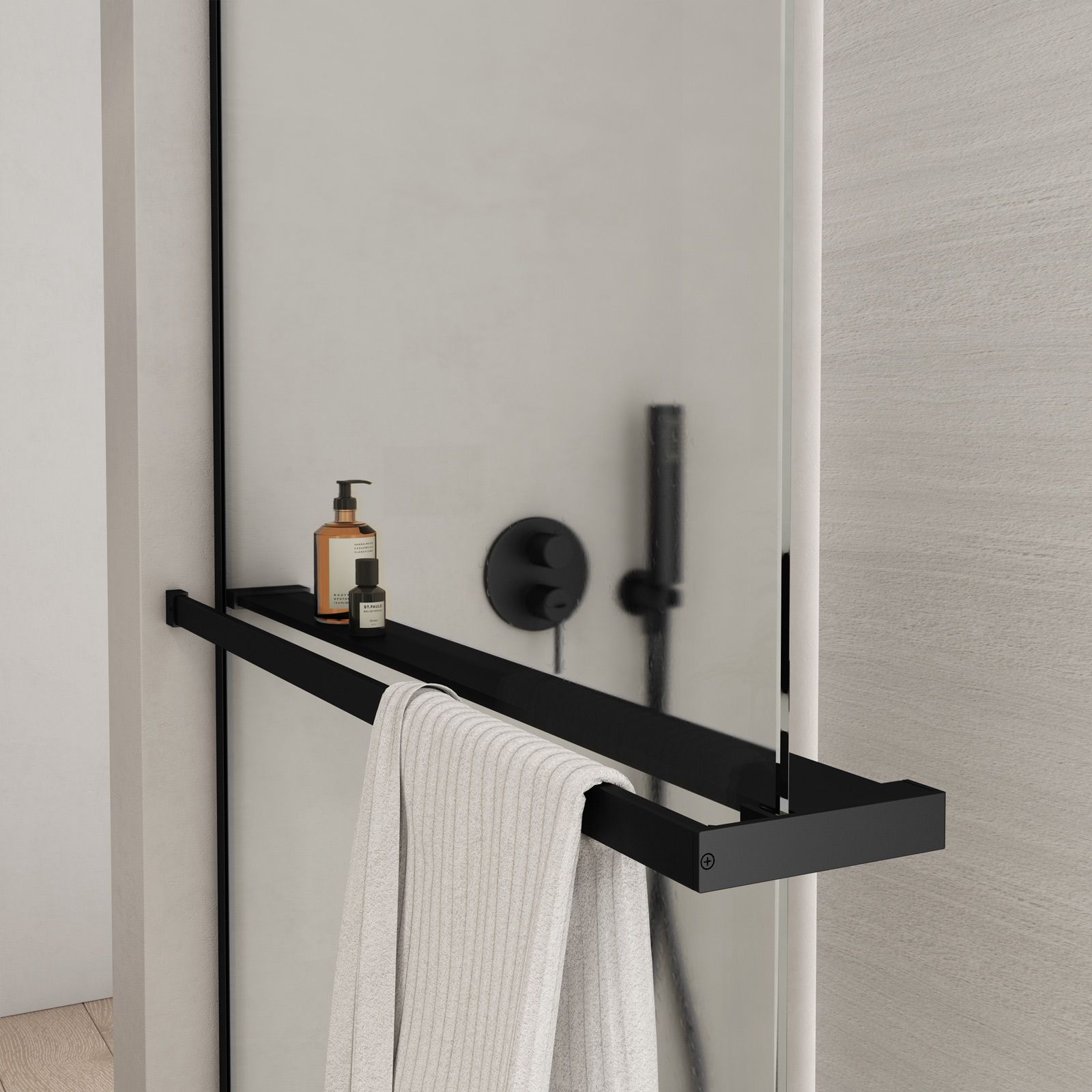 Barra universale per Walk-In porta sapone e asciugamani 120 cm nero  riducibile