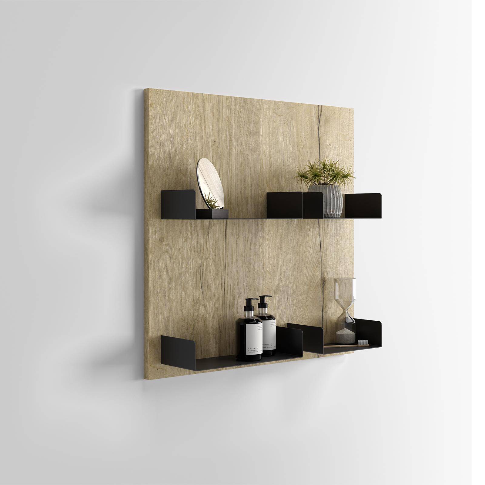 Boiserie 50x48 cm in legno rovere elios con 4 mensole in metallo nero opaco