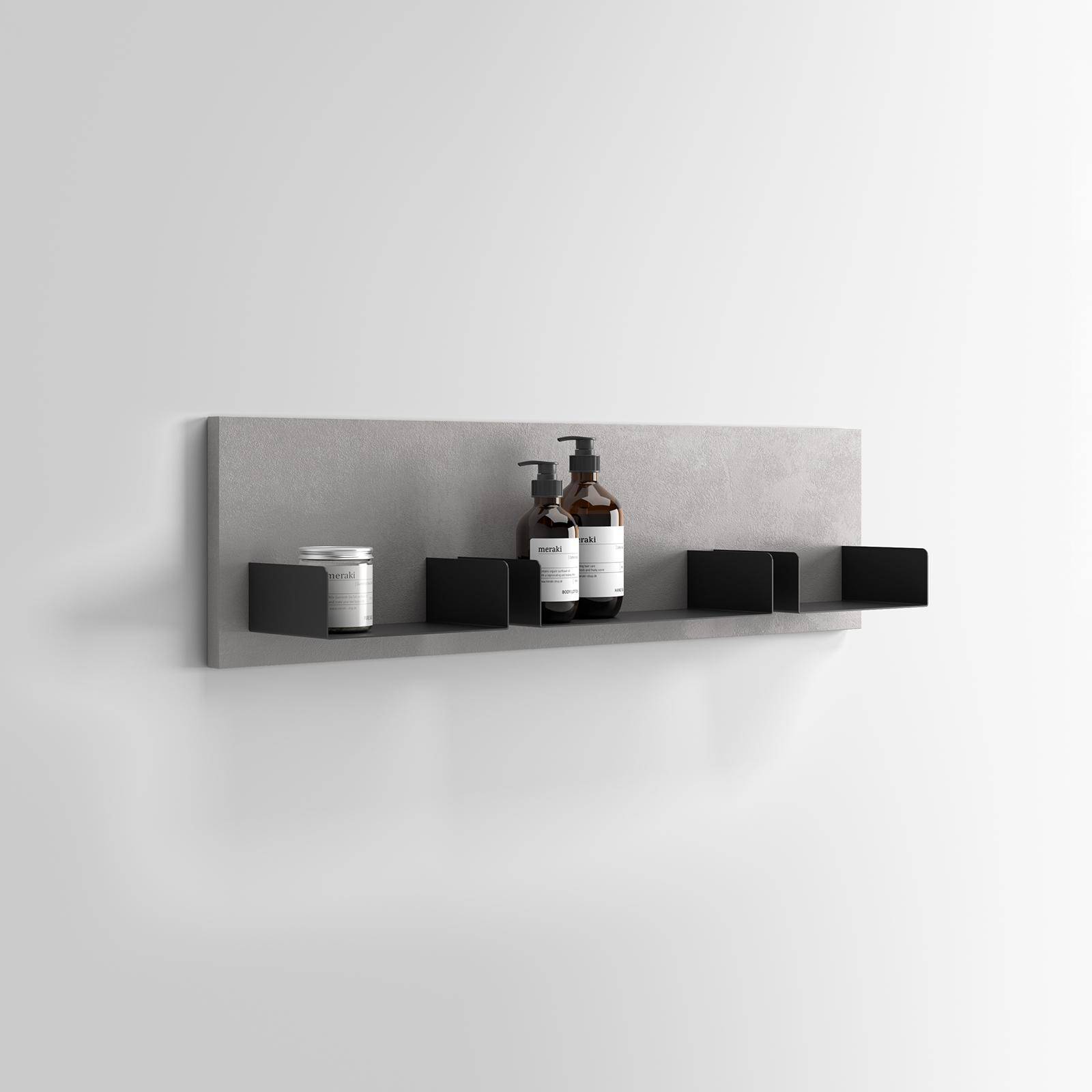 Boiserie 50x60 cm in legno grigio lima con 4 mensole in metallo nero opaco