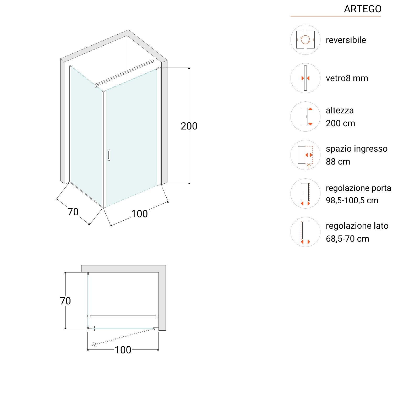 Walk-in Keep 70x100 cm box doccia angolare vetro temperato