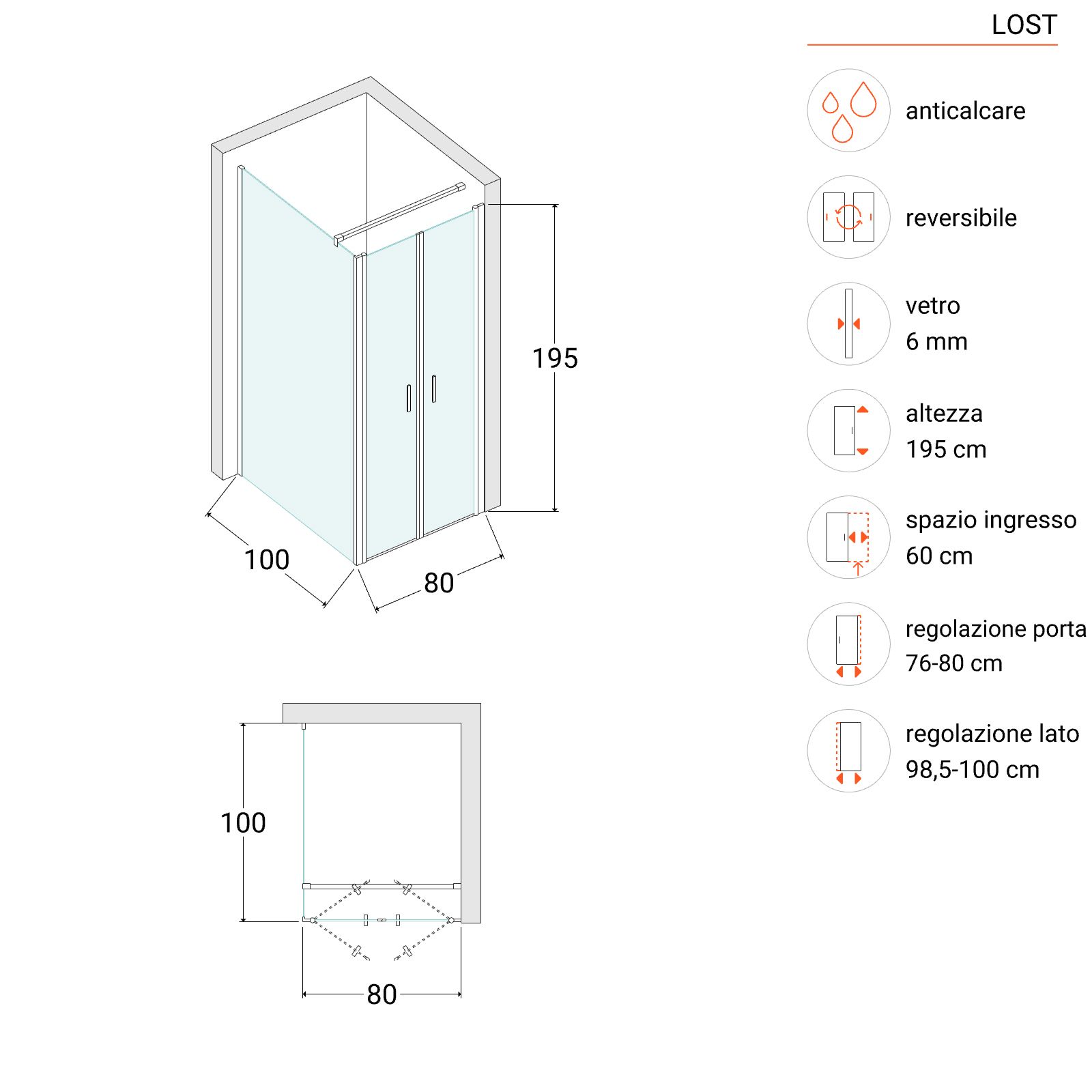 Box doccia nicchia 100 cm saloon con vetro anticalcare opaco e profilo  cromo 195h - Lost