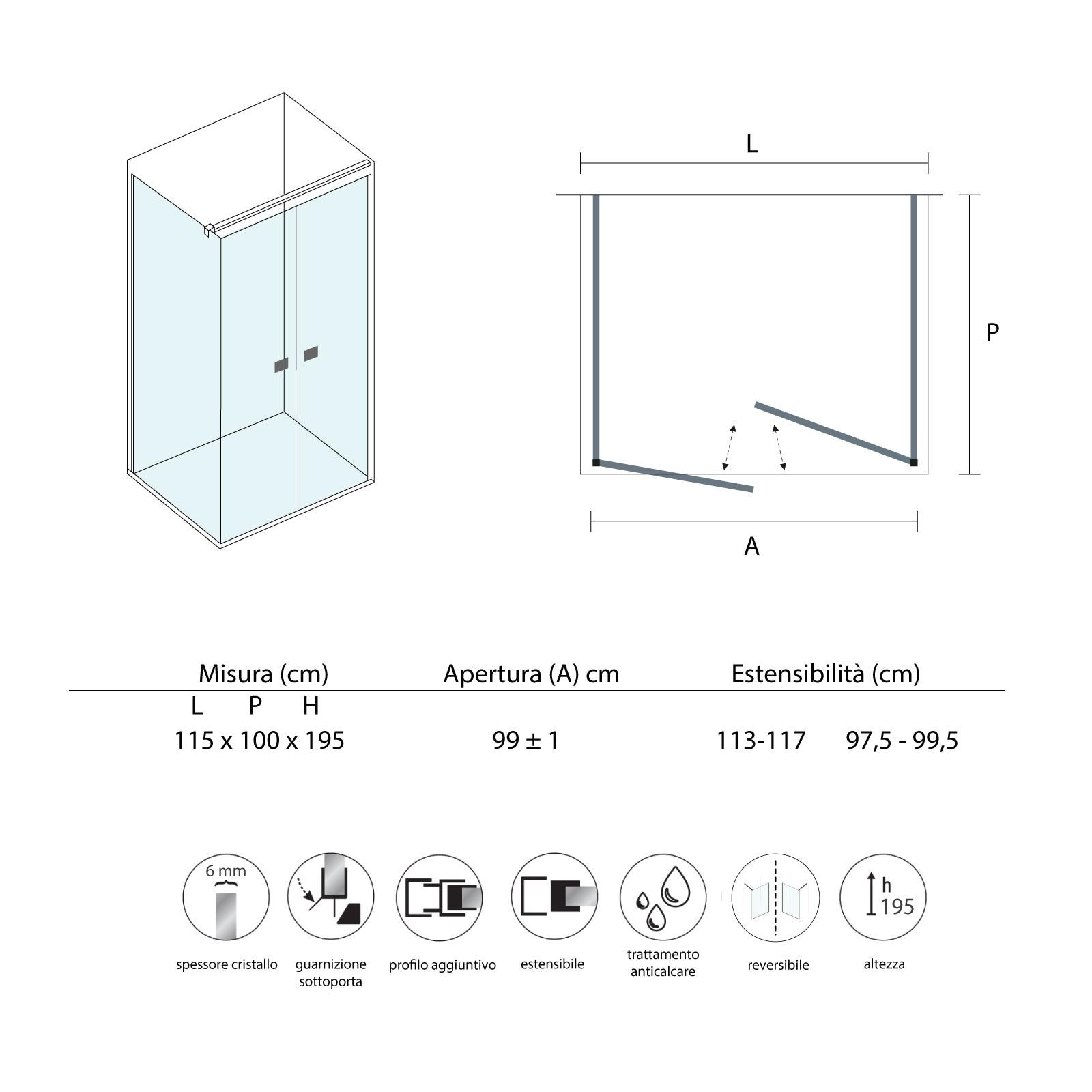 Box doccia 115x100 cm doppia porta saloon anticalcare 195h cm - Tempo Evo