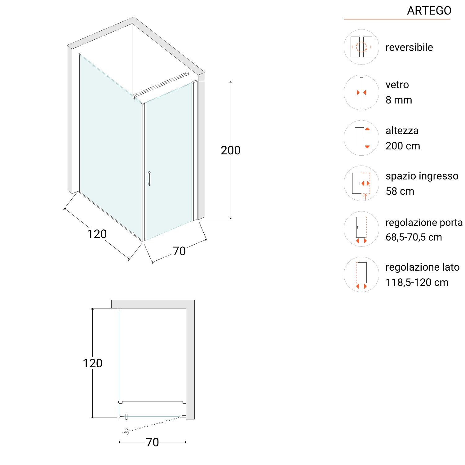 Box Doccia 70x120 Cm Nero Angolare Lato Fisso e Porta Battente Trasparente  Anticalcare