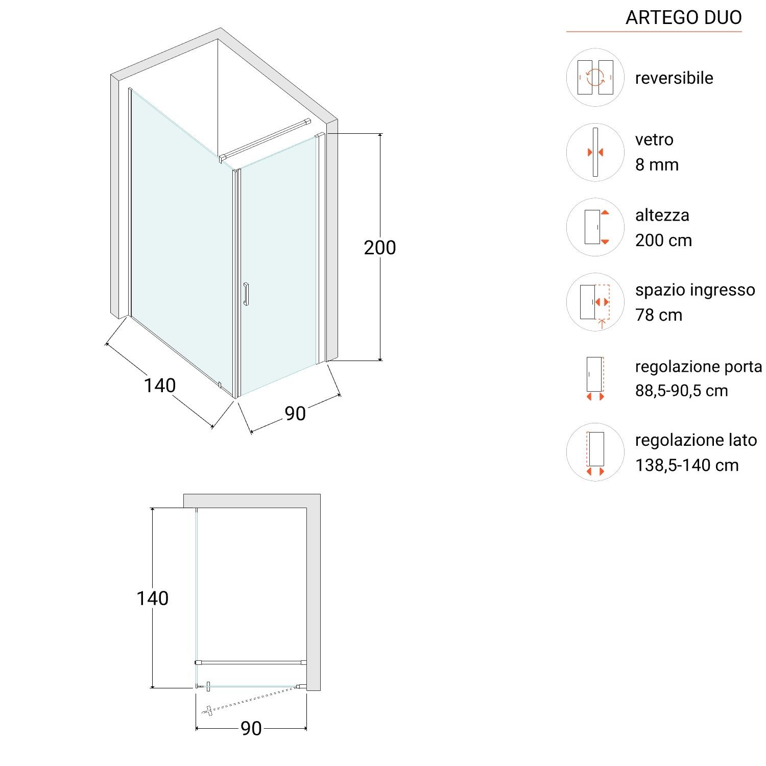 Box doccia 140X90 cm lato fisso specchiato con battente e profilo cromo 200h  - Artego duo