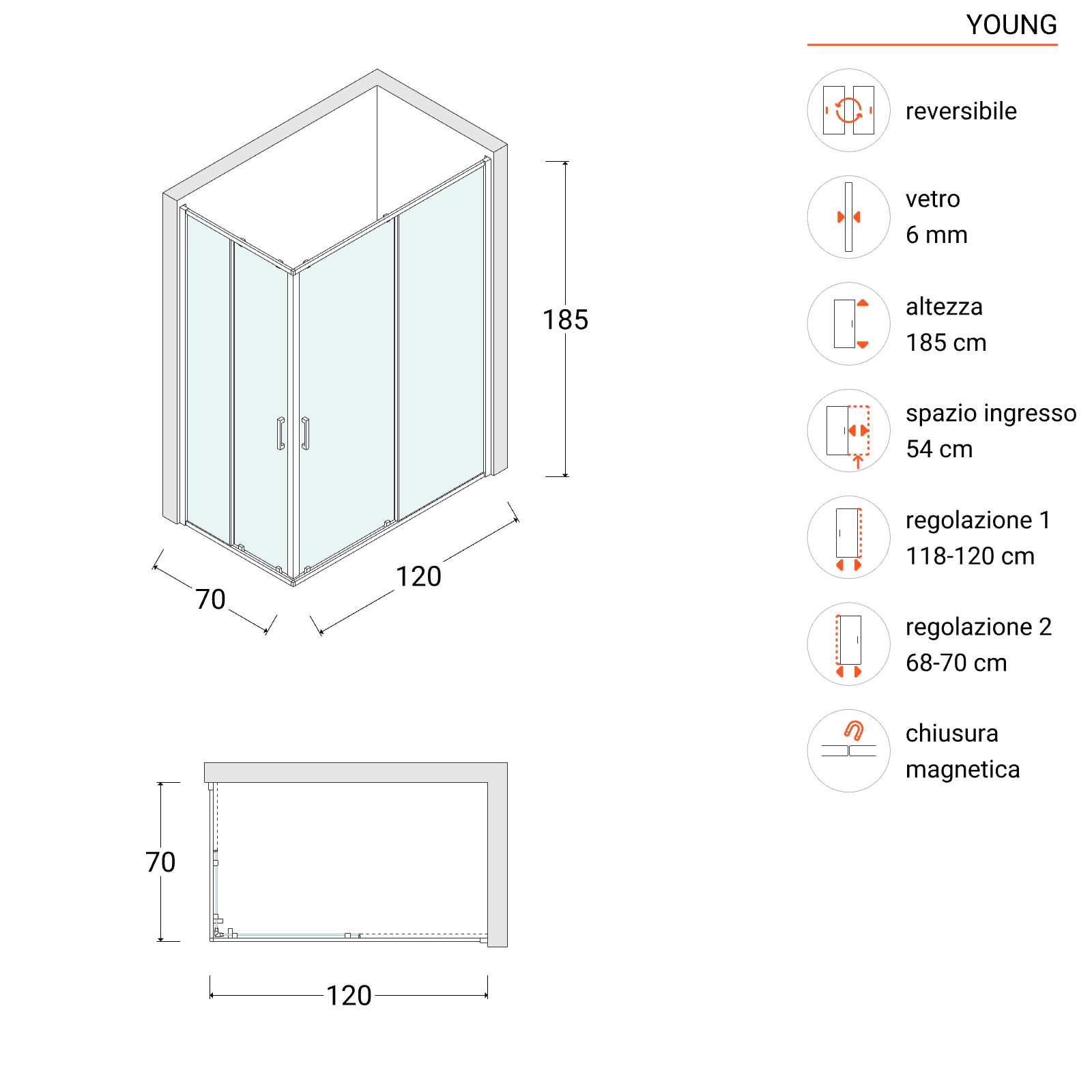 Box doccia 70x120 cm doppio scorrevole vetro temperato 6mm trasparente 185h  - Young