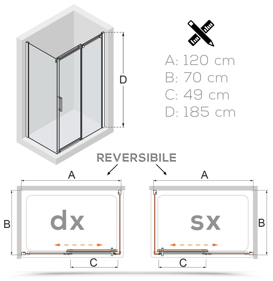 Box doccia 70x120 cm scorrevole vetro temperato 6mm trasparente 185h - Young