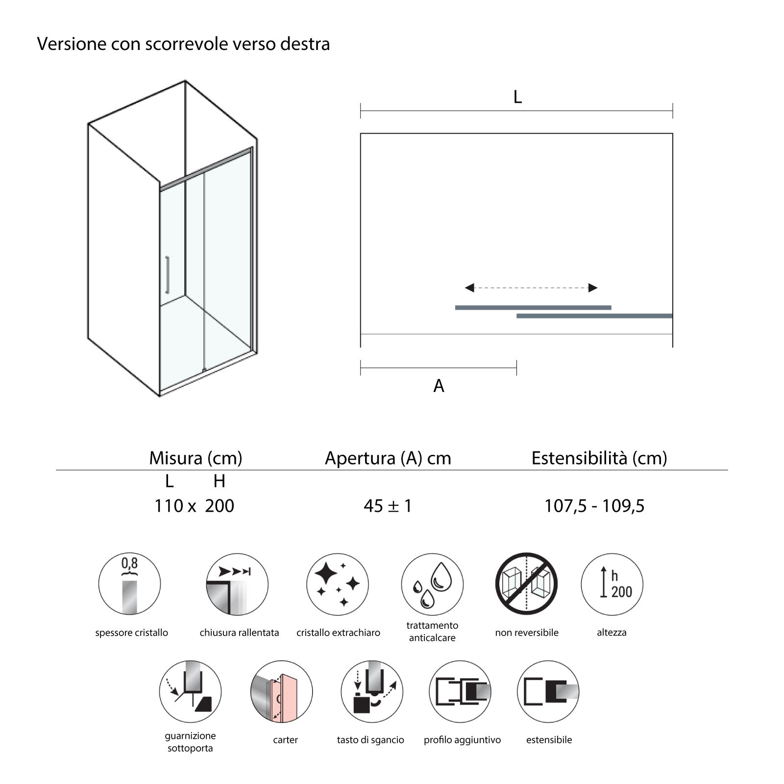 Box doccia angolare 110x80 cm scorrevole dx cristallo anticalcare