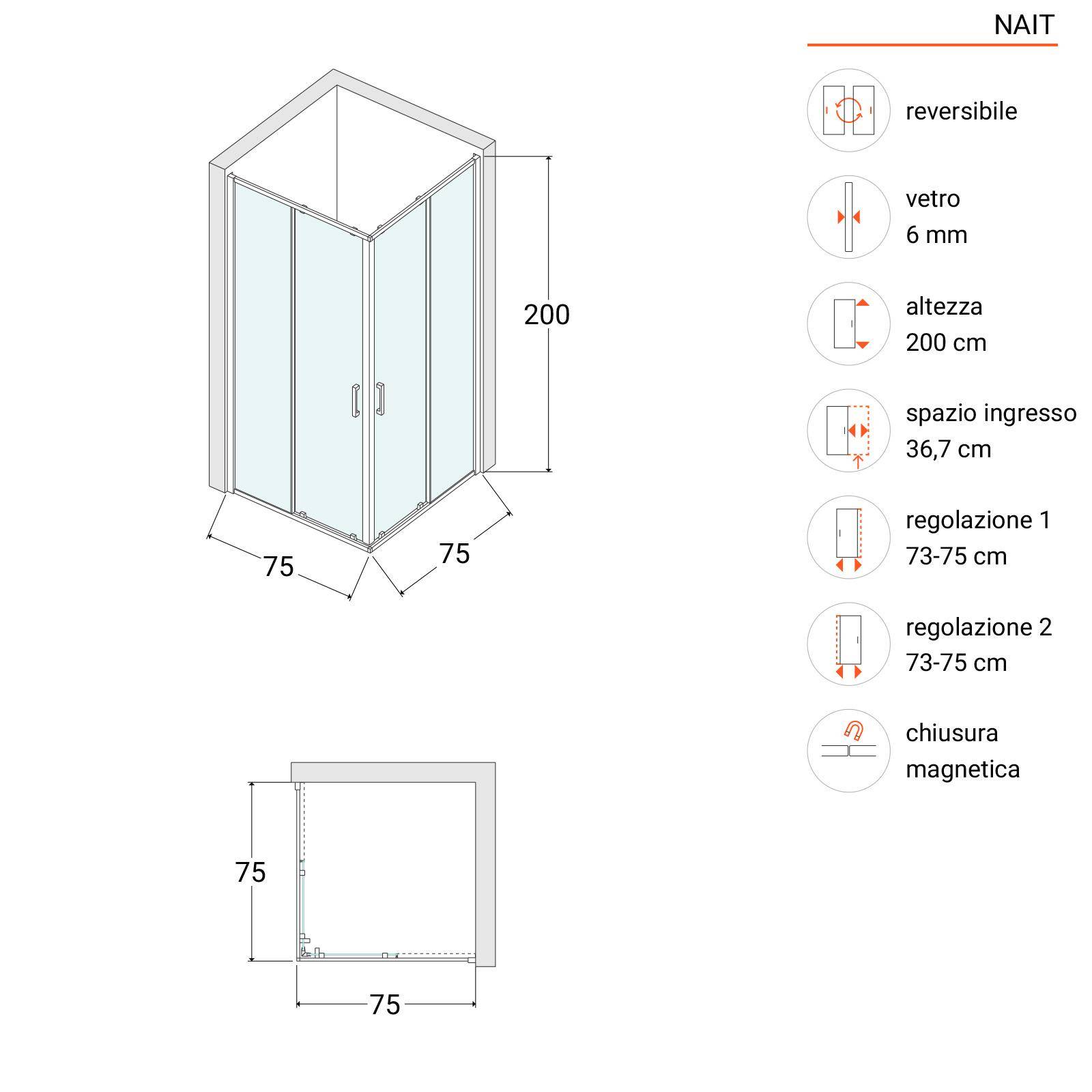 Box doccia angolare 75x75 cm scorrevole trasparente telaio nero - Nait