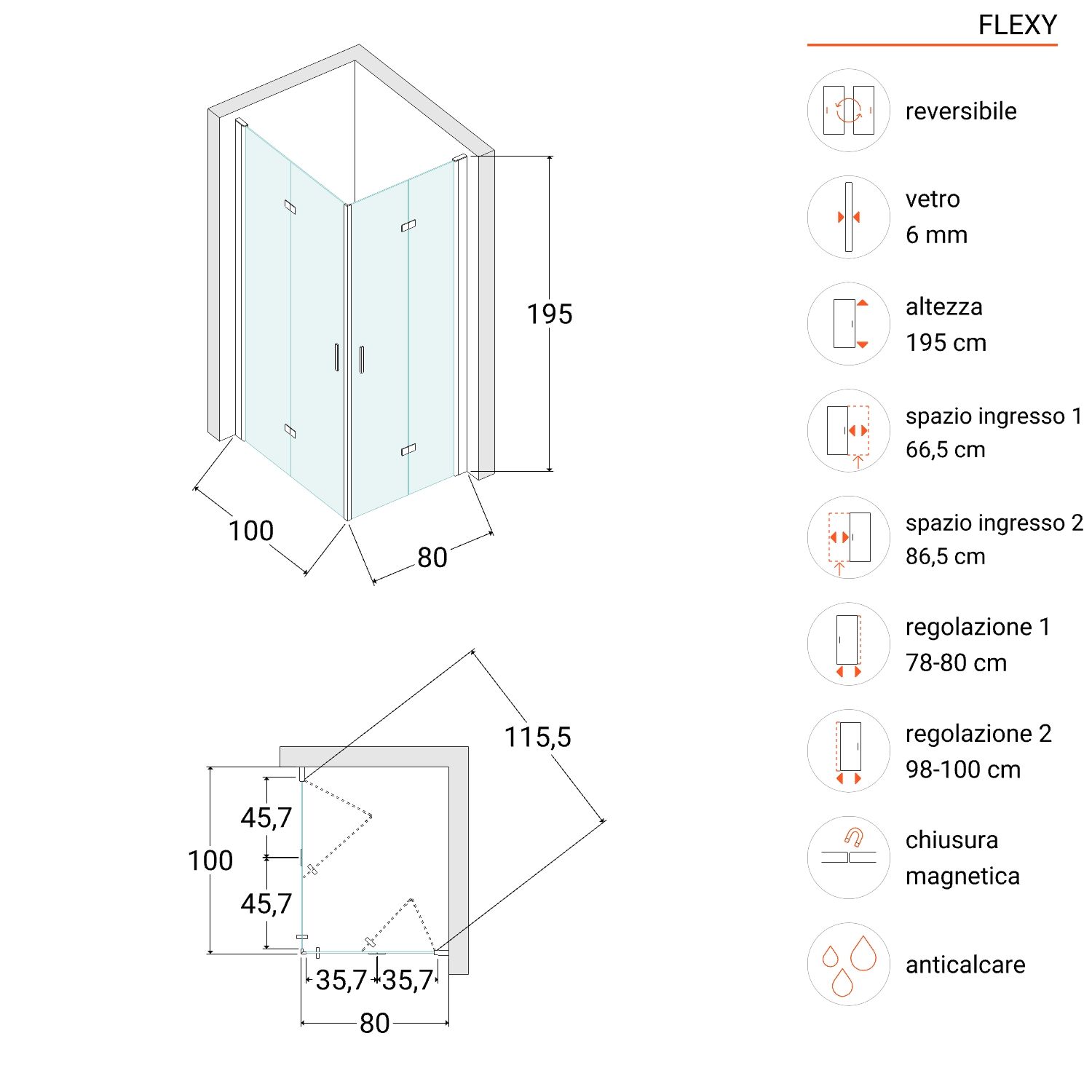 Box doccia 80x100 cm doppio soffietto vetro anticalcare trasparente profilo  cromo 195h - Flexy