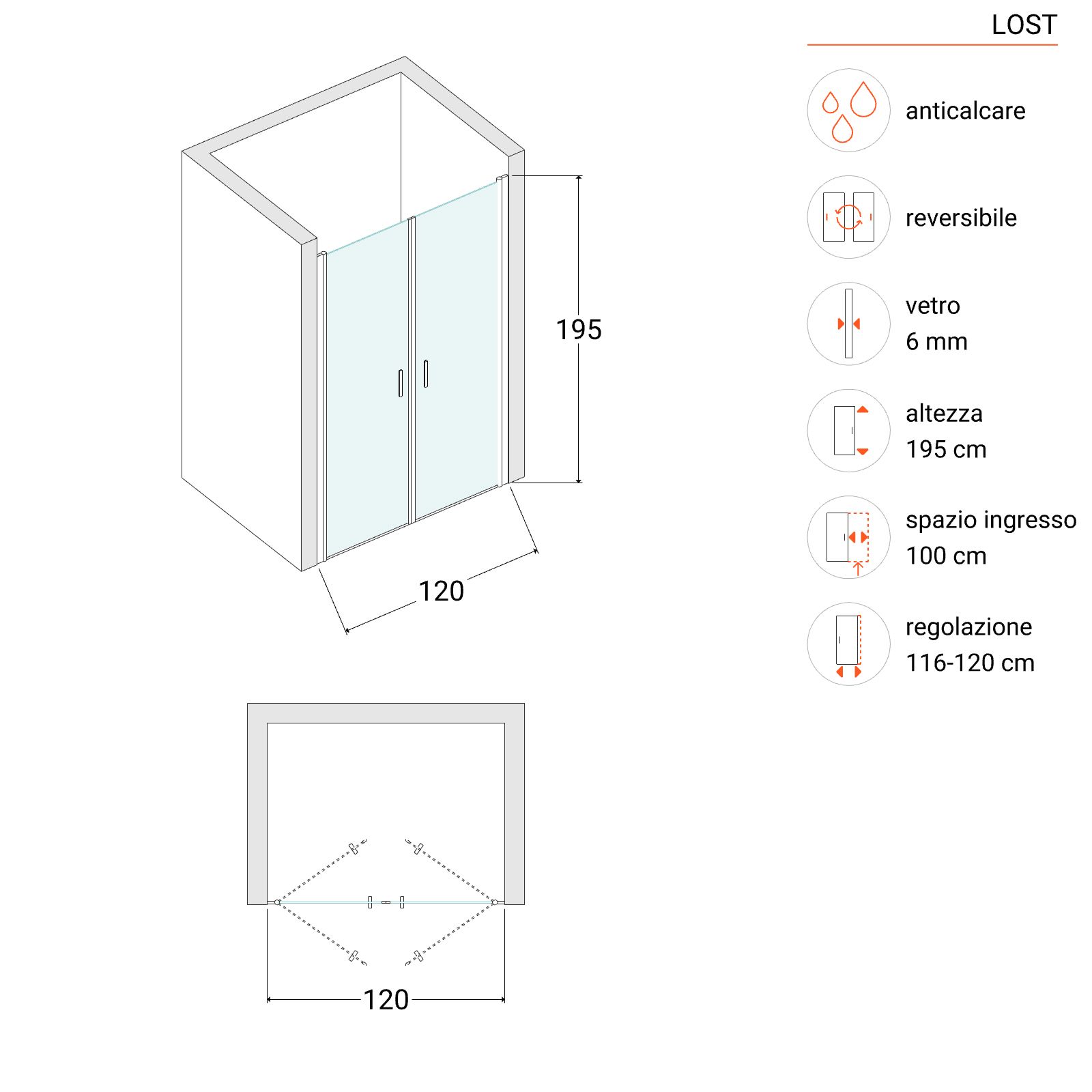 Box doccia nicchia 120 cm saloon con vetro anticalcare trasparente e  profilo nero 195h - Lost