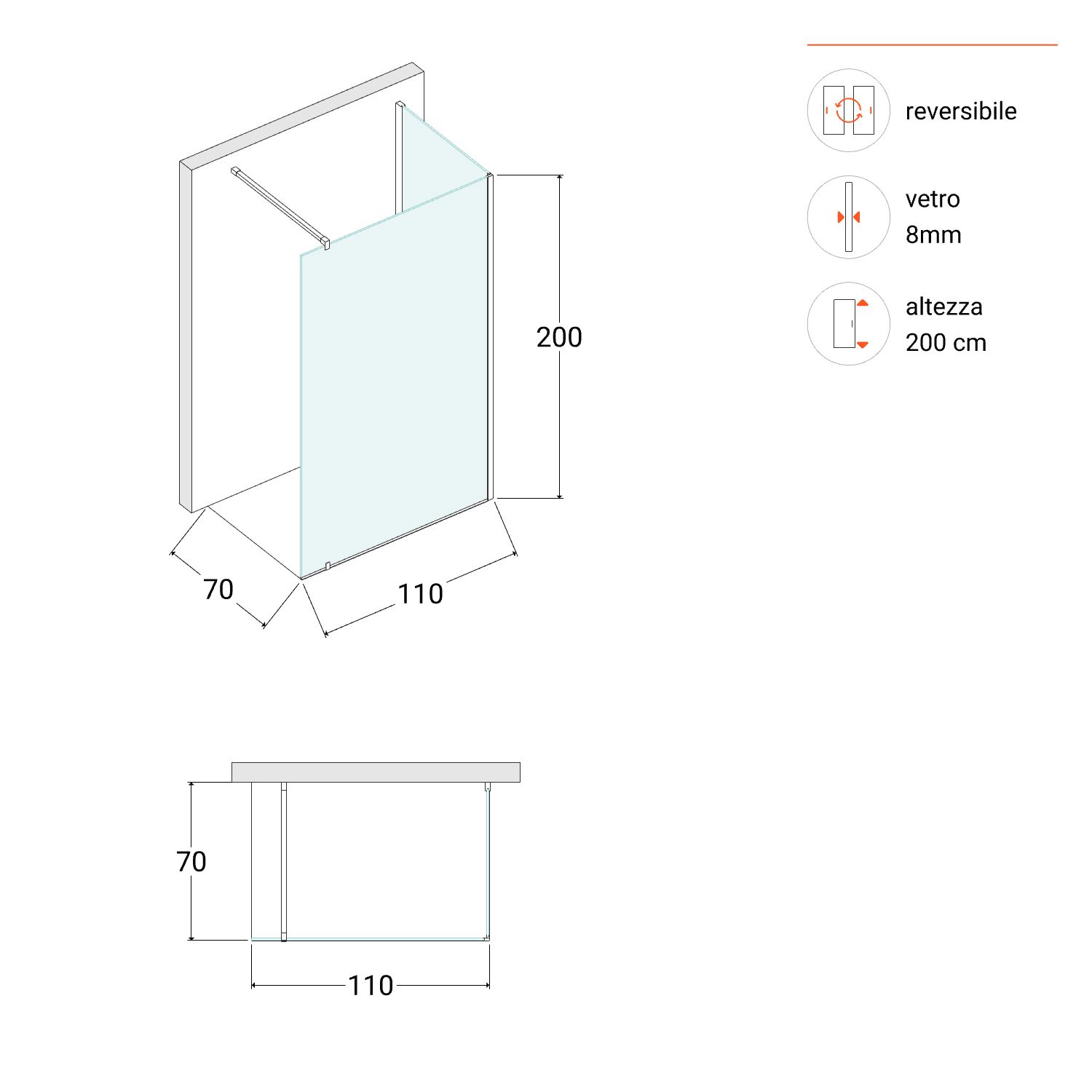 Box doccia 70x110 angolare walk-in vetro temperato 10 mm anticalcare 200h  cm reversibile - Keep