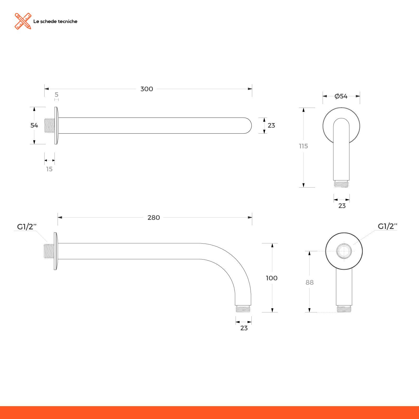 Braccio Doccia Angolato Da 15,2 Cm In Acciaio Inox, Curvo, Con Flangia, Filetto 1/2 Pollice, Finitura Nero Opaco