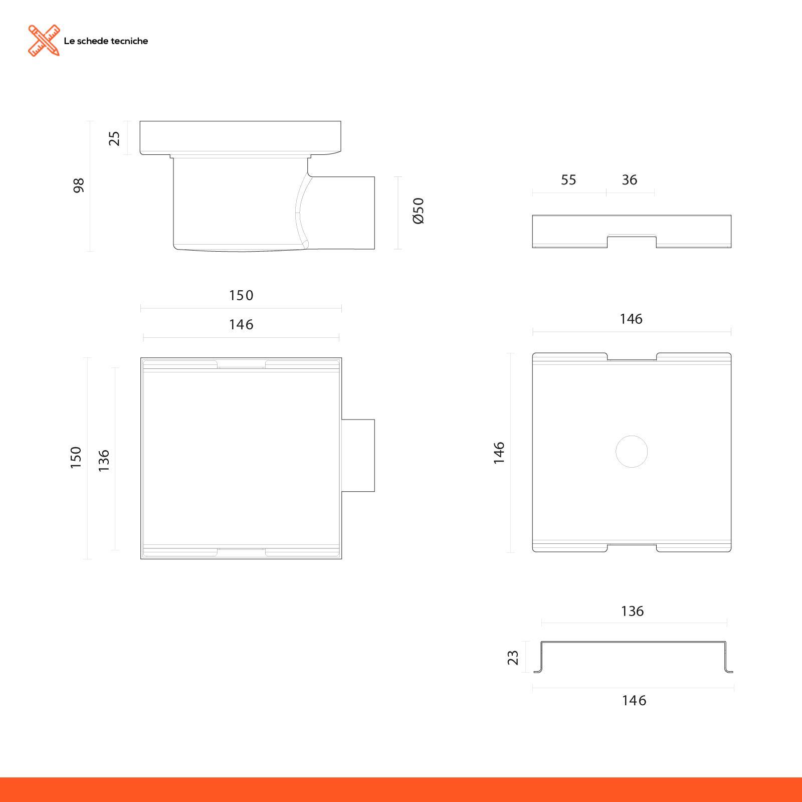 Scarico A Pavimento Per Doccia Quadrato 15x15 Cm – In Acciaio Inox Con Filtro Anticapelli E Chiusura Antiodore – Per Box Doccia E WC
