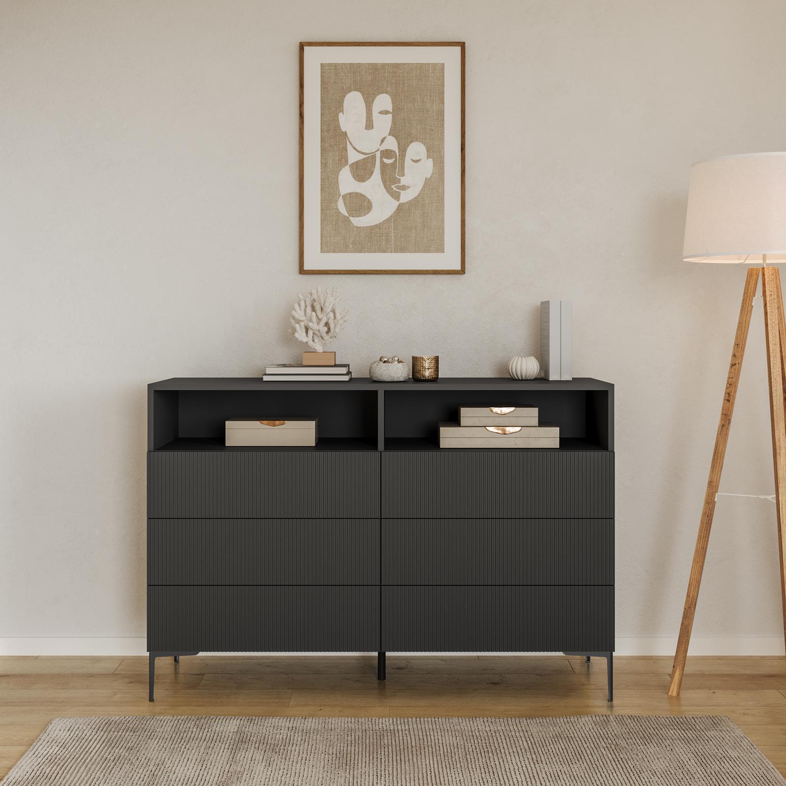 IDMarket Cassettiera ESTER 4 Cassetti 115 Cm – Metallo Nero E Top Effetto Faggio, Nicchia, Stile Industriale – Mobile Da Camera E Ufficio