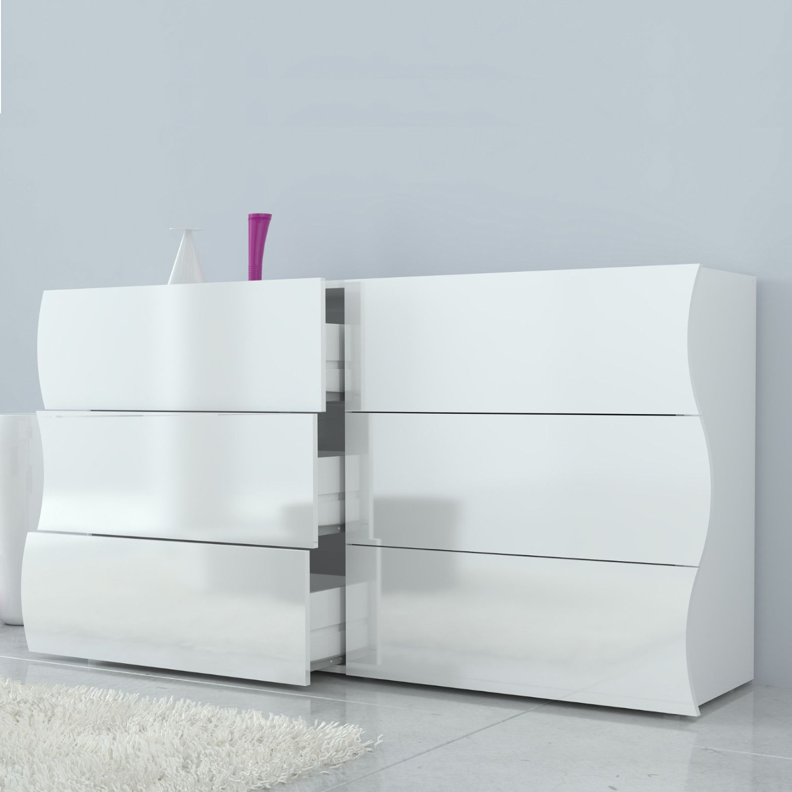 Cassettiera 155x81,5h cm con 6 cassetti in legno bianco lucido - Moss