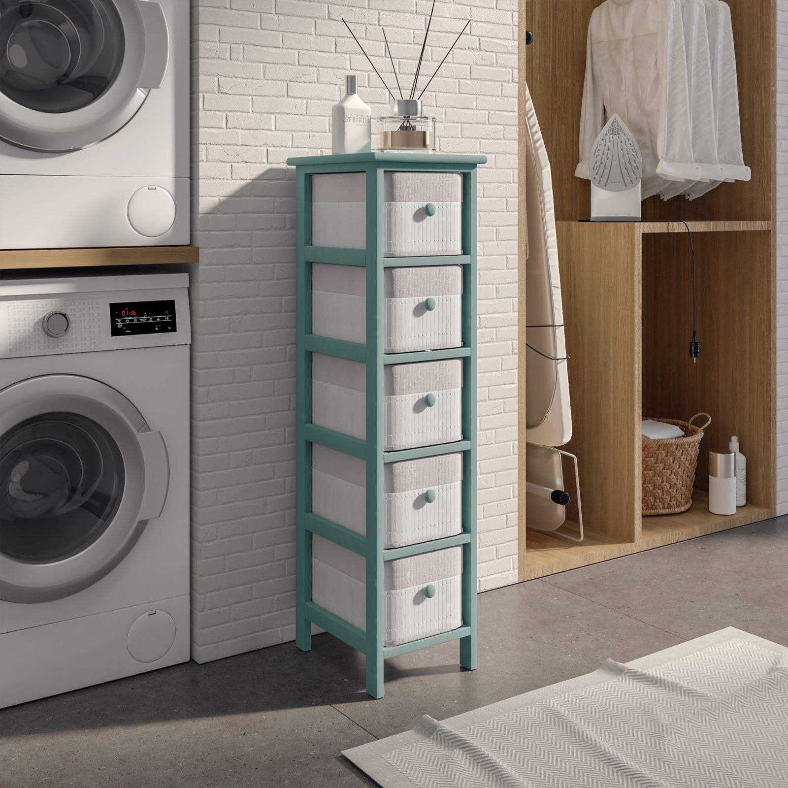 Cassettiera sottile a 5 cassetti per il bagno, per piccoli spazi, alta e stretta, con cassetti trasparenti e rotelle