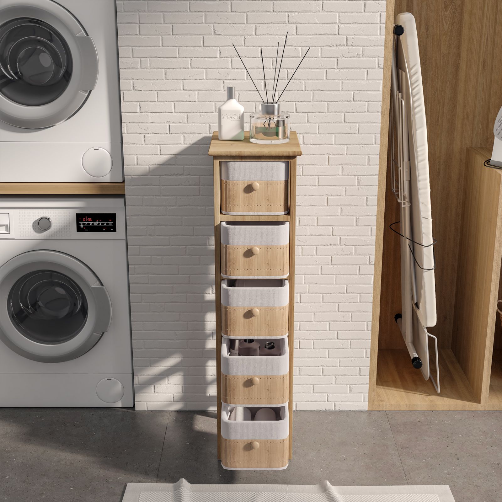 Cassettiera bagno 40 cm con tre cassetti in legno bianco e bambù naturale -  Devin