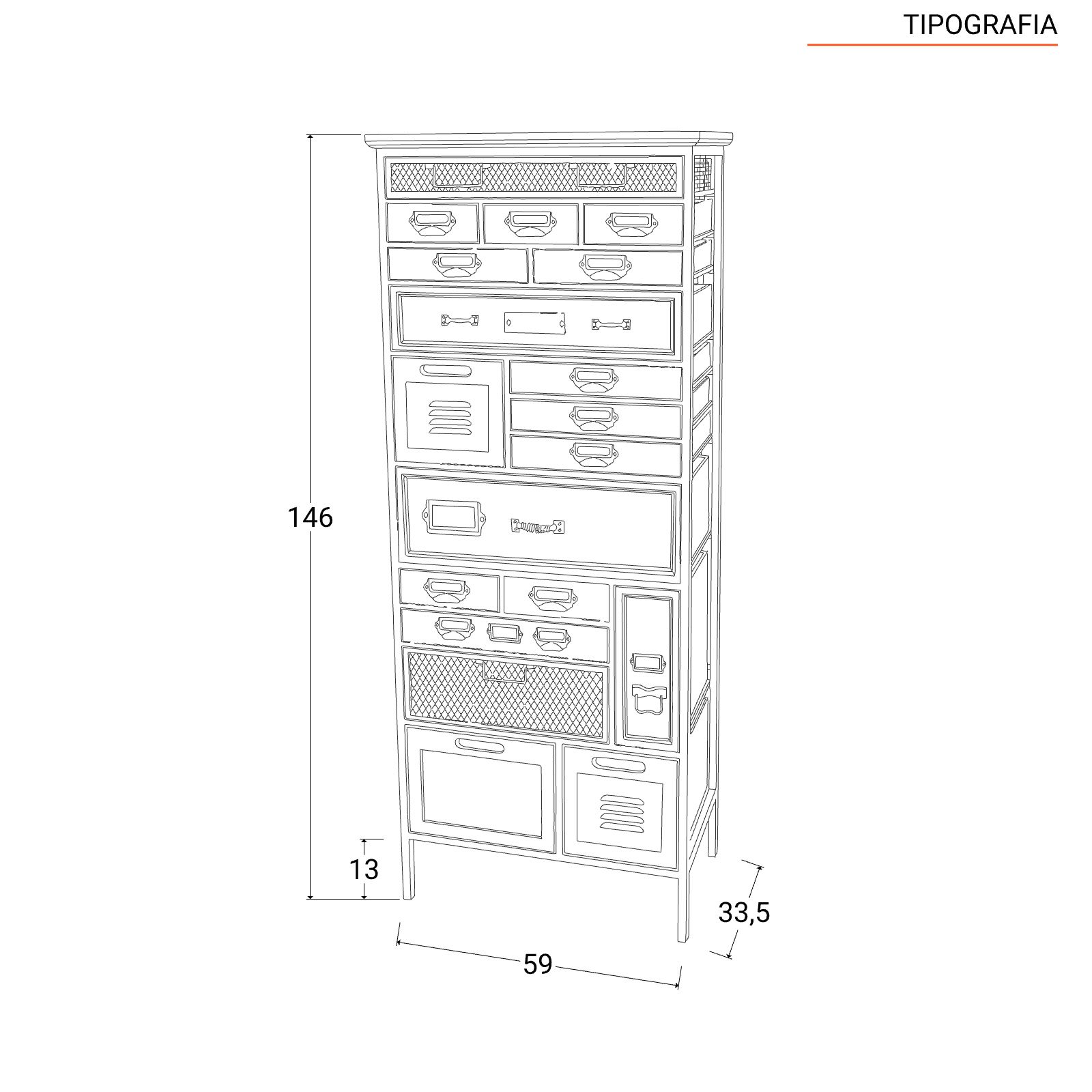 Cassettiera vintage 60x146h cm in metallo e legno - Tipografia