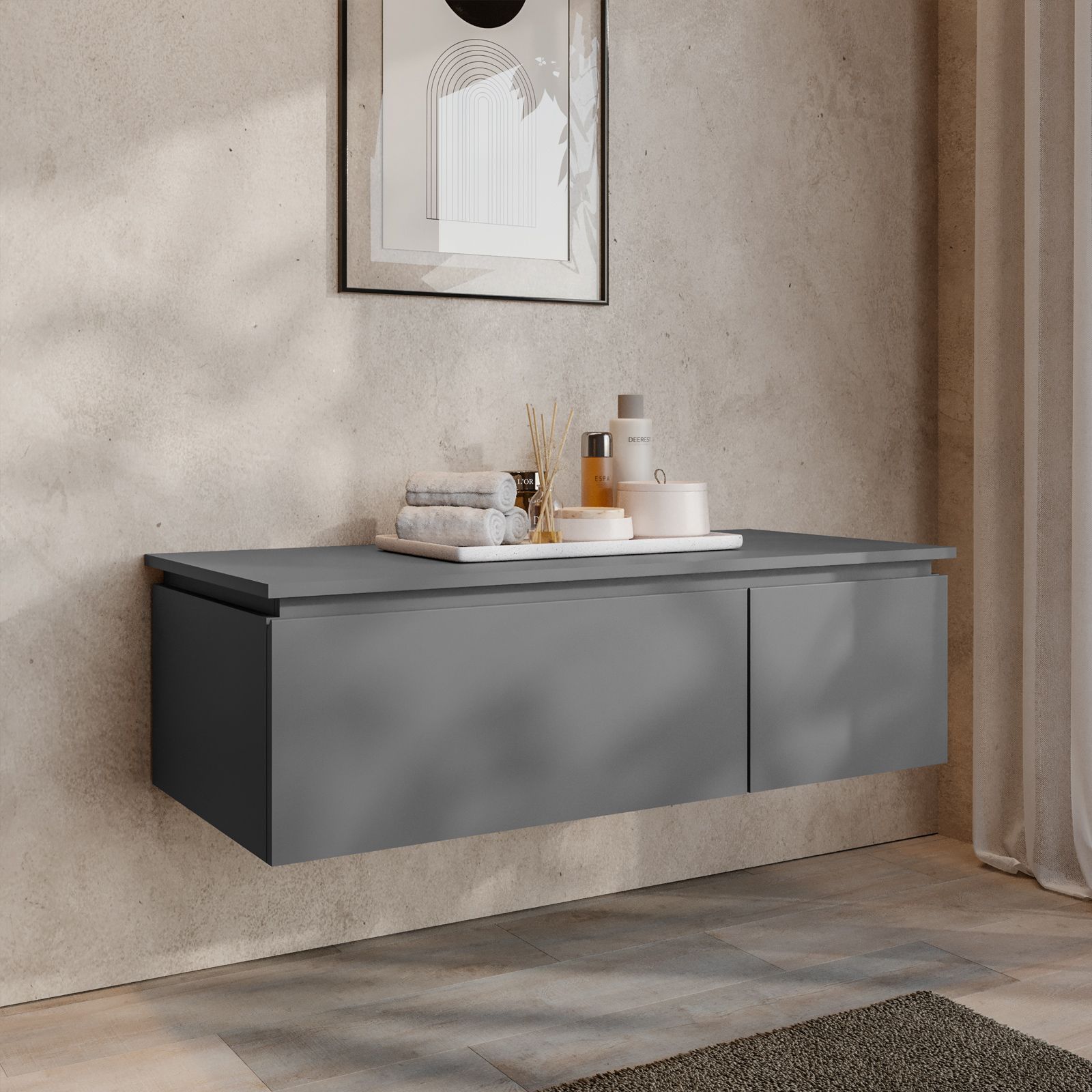 Cassetto contenitore sospeso arredo bagno grigio cemento urban da 100 x 27h  cm