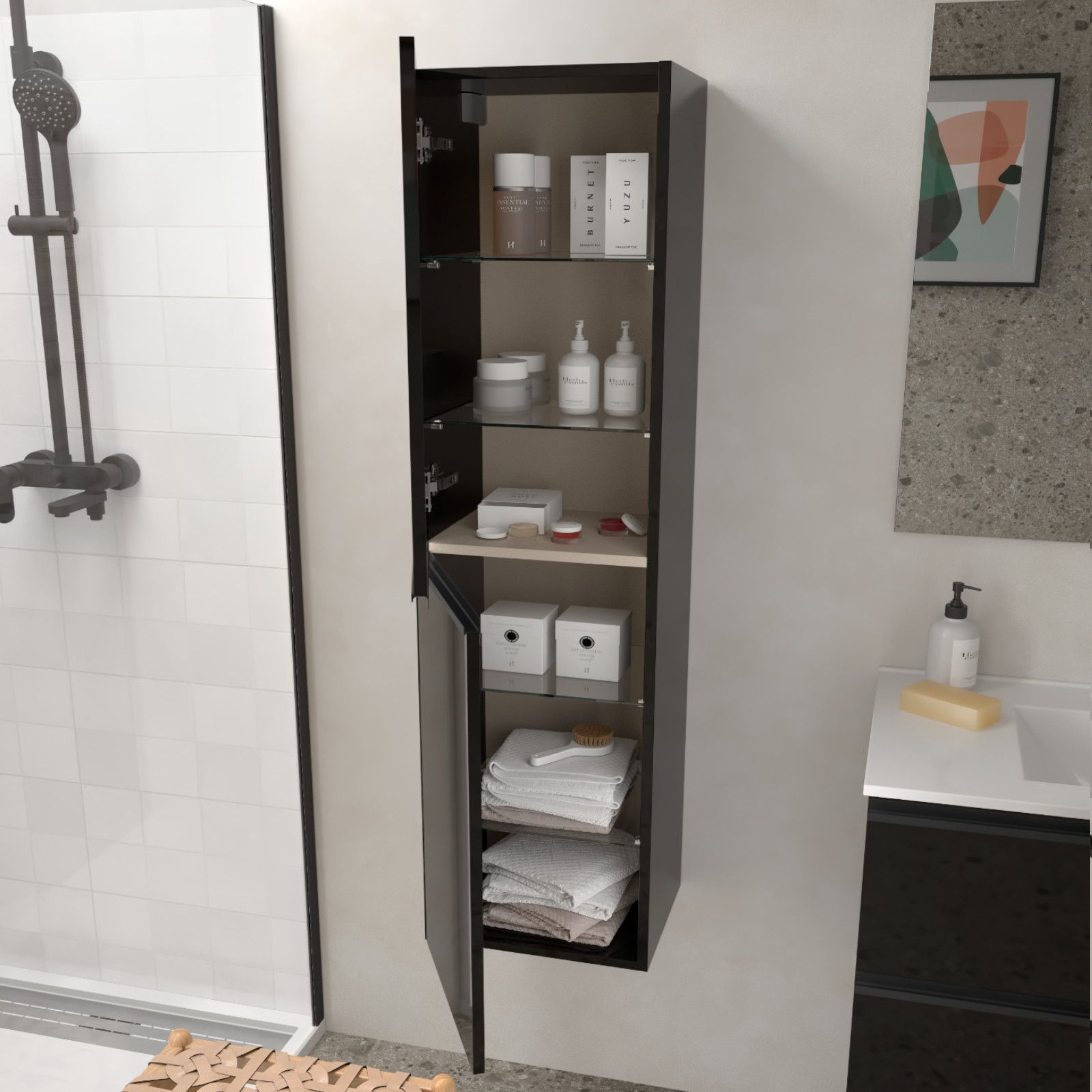 Colonna bagno sospesa h 140 cm nero lucido con maniglie nere - Rebus