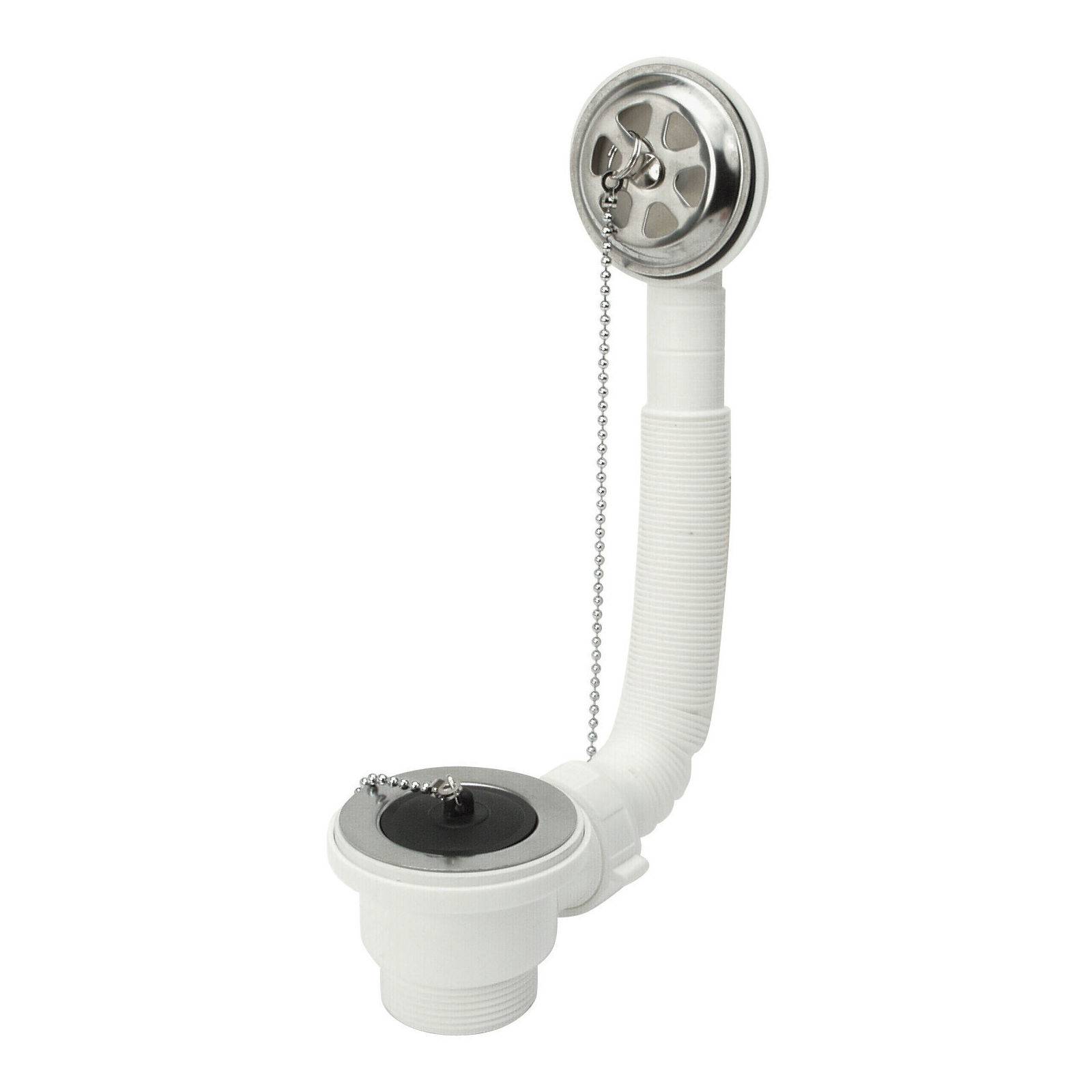 Scarico A Pulsante Per Vasca Da Bagno Con Filtro E Tubo - Tappo Pop-Up In Ottone E Plastica, Colore Bianco E Argento