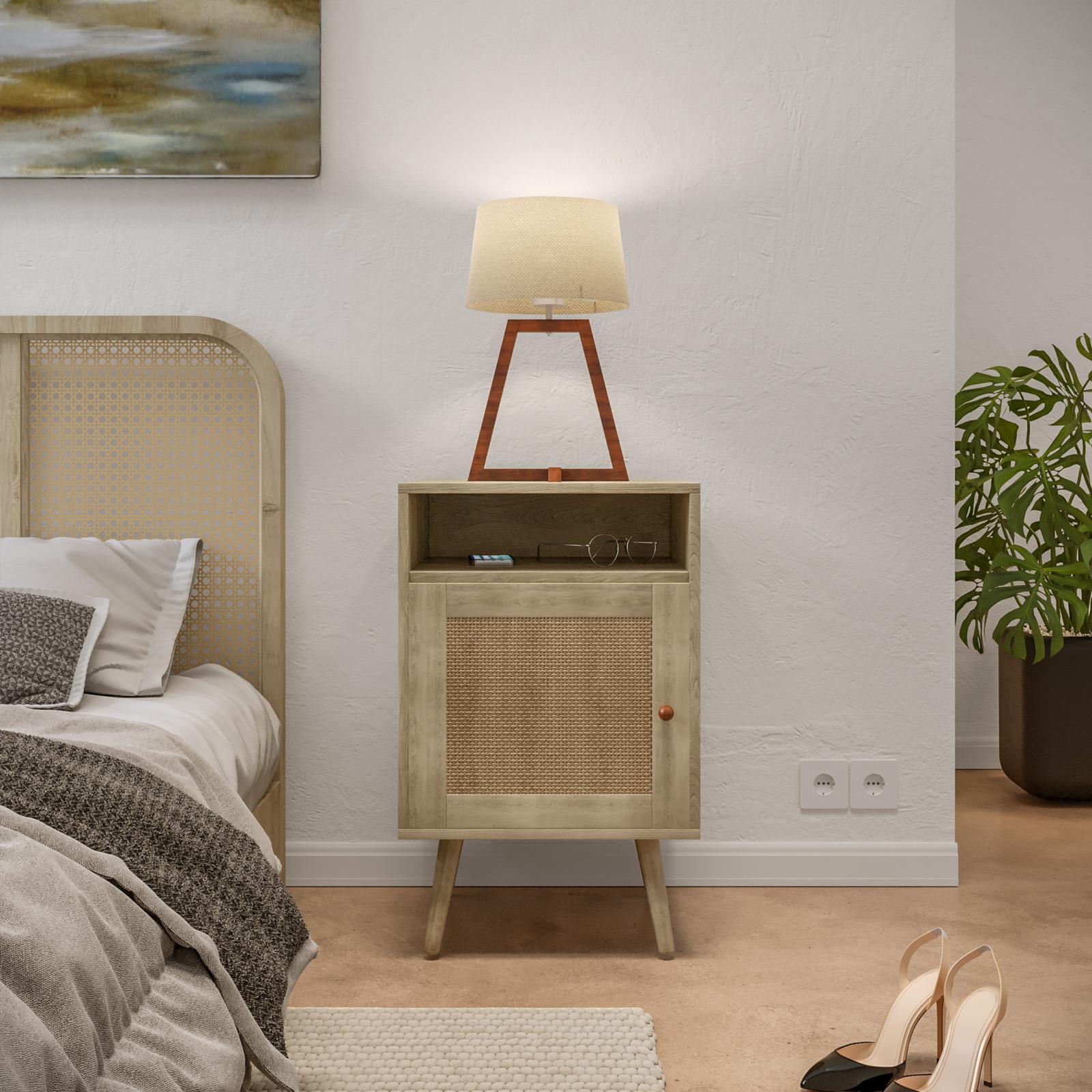 JERX Comodino Moderno Con Cassetto E Scaffale Aperto - Ante In Rattan Intrecciato E Cornice Dorata, In MDF Bianco, Per Soggiorno E Camera Da Letto
