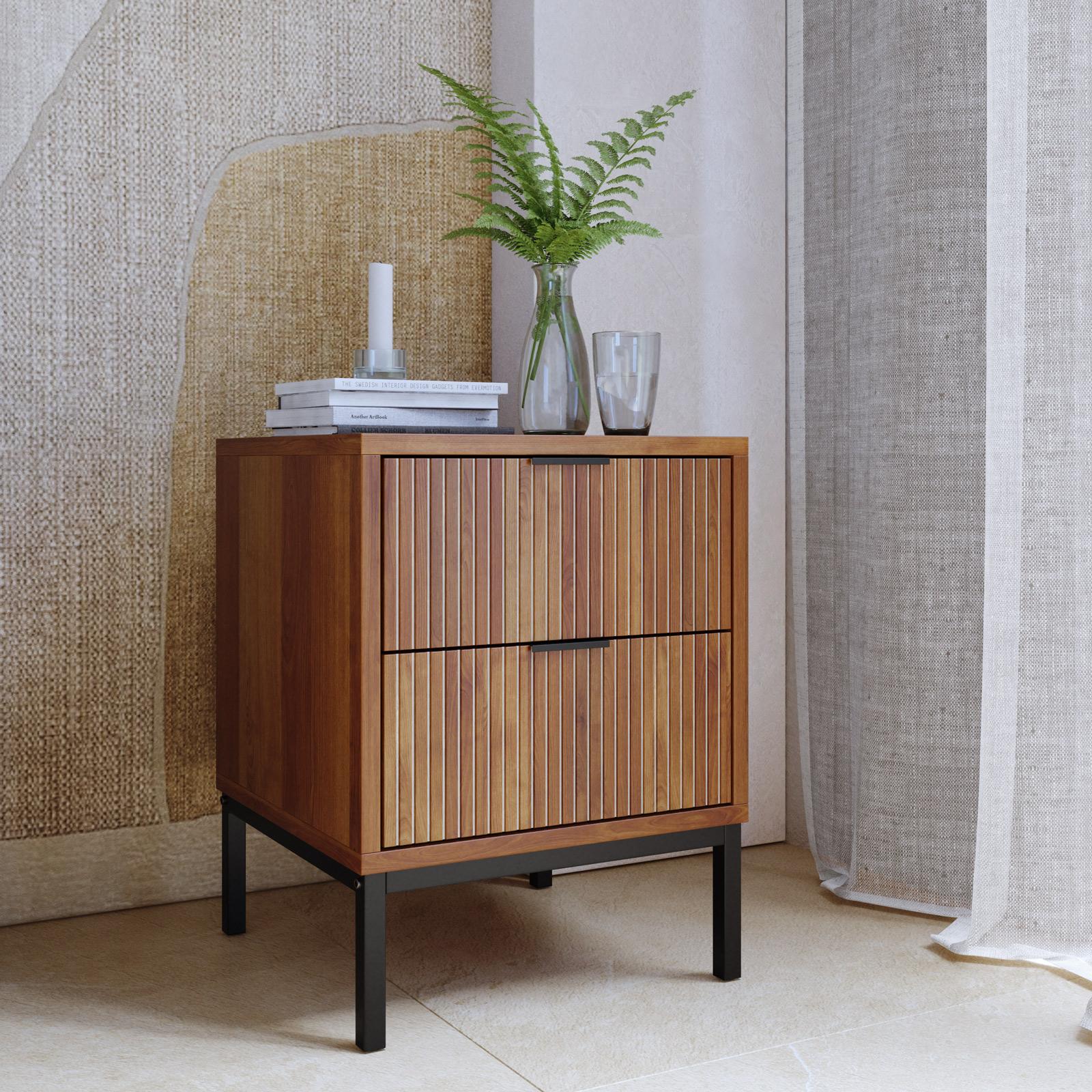 Comodino Moderno In Bambù Noce Con Cassetto E Ripiano Aperto - Tavolino Multiuso 40x35x54 Cm Per Camera Da Letto - 4
