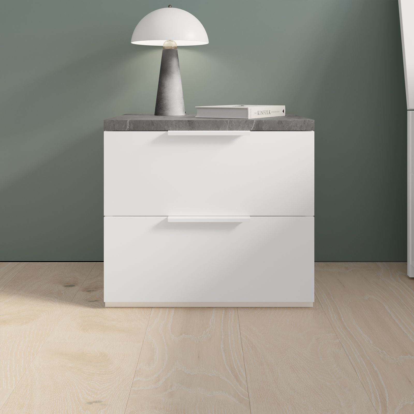 Comodino 49 cm con due cassetti in legno bianco lucido e grigio - Boras  Night