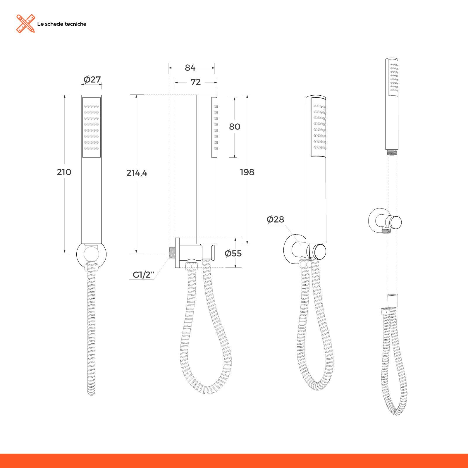 Composizione doccia con braccio 28 cm, soffione 25x15 e doccino con  flessibile