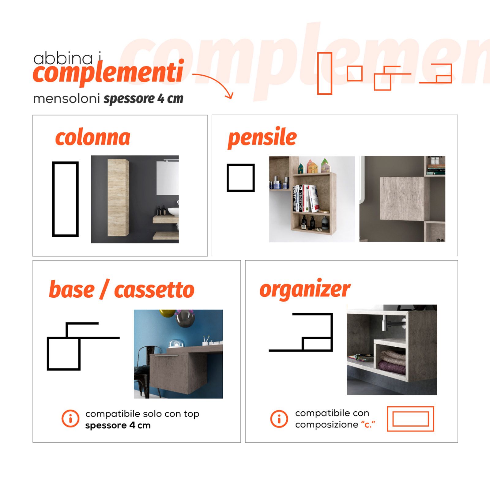 Composizione sospesa legno tortora con mensola e cassettone 60 cm con  fissaggio