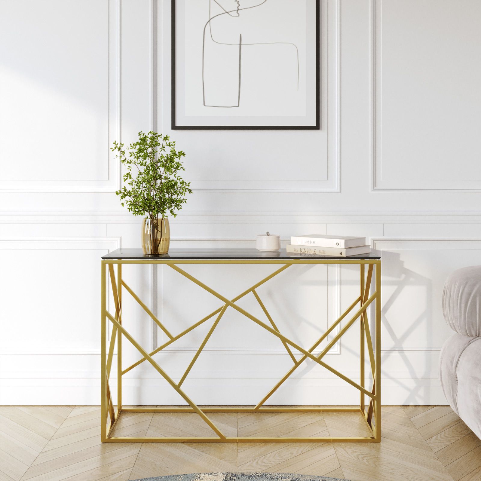 Consolle 120 cm in metallo oro con piano in vetro grigio - Carballo