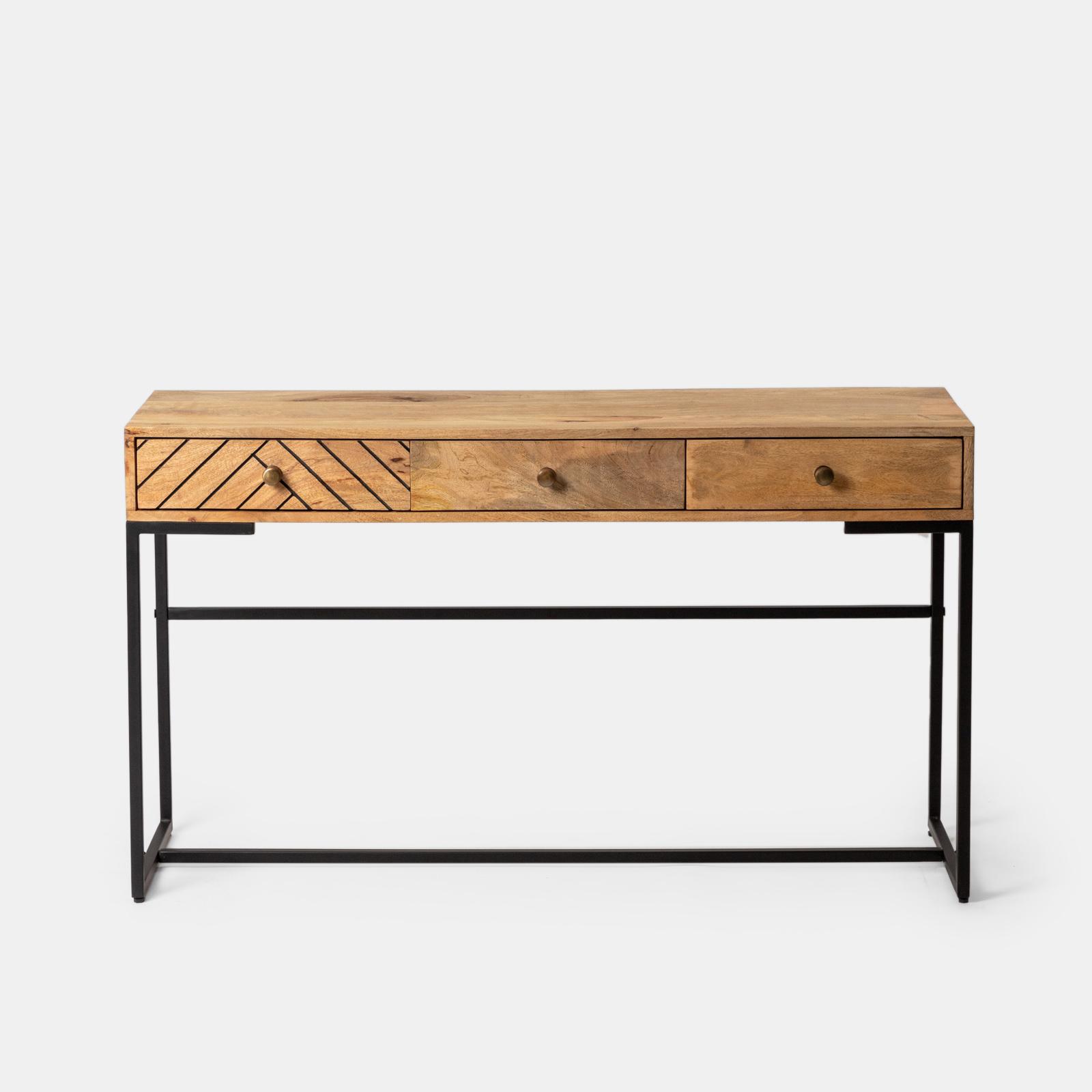 Consolle In Legno Massello Di Mango E Ripiano In Vetro 2 Cassetti L100 Cm Sita 55106