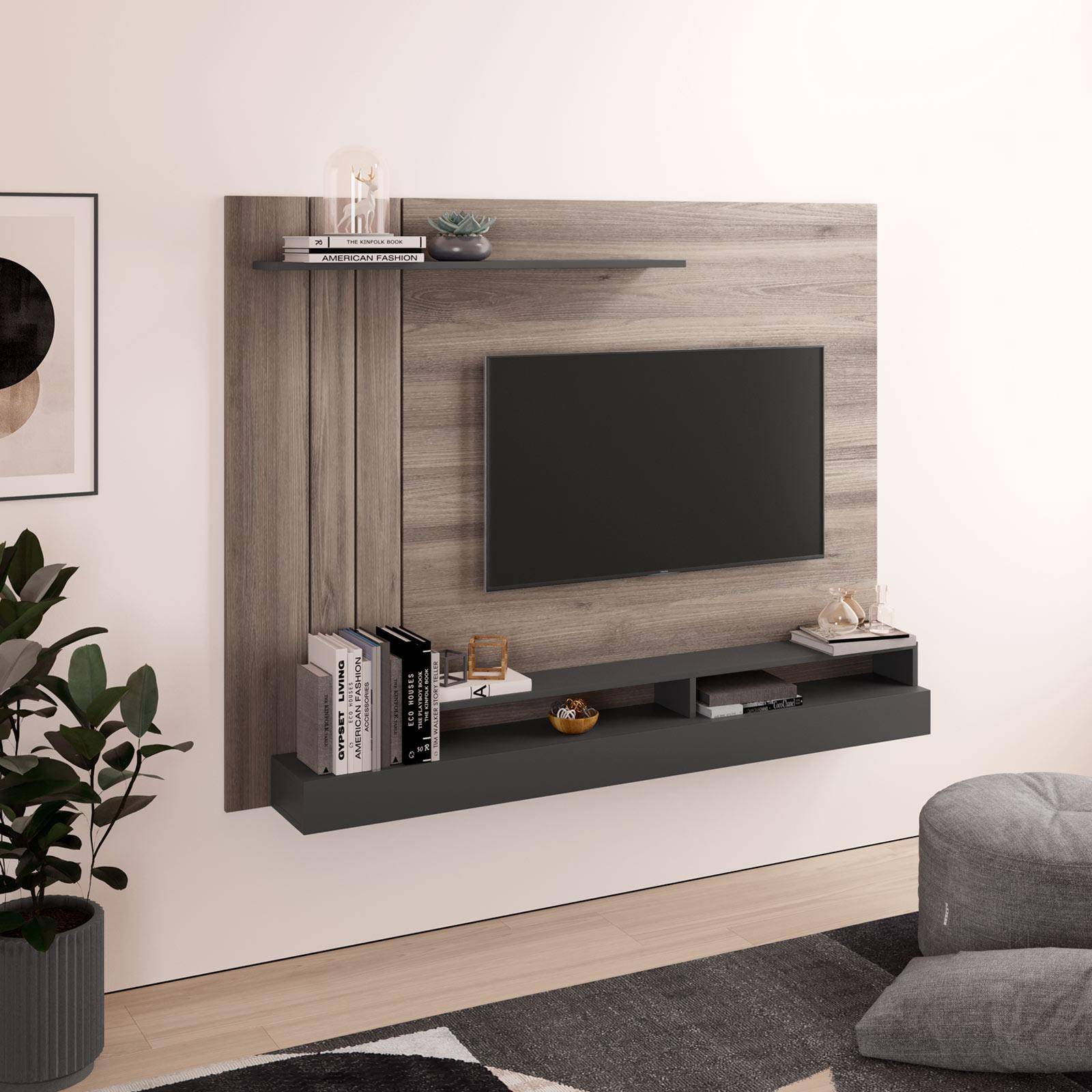 Consolle sospesa porta tv 157 cm in legno con ripiani antracite - Moyo