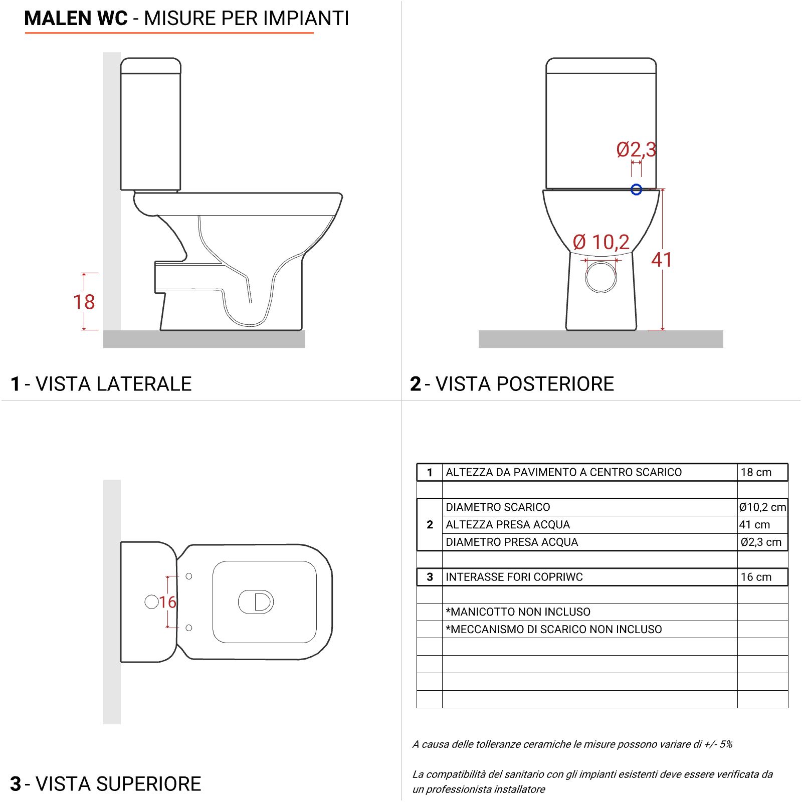 Sanitari monoblocco con scarico a pavimento e copriwc incluso