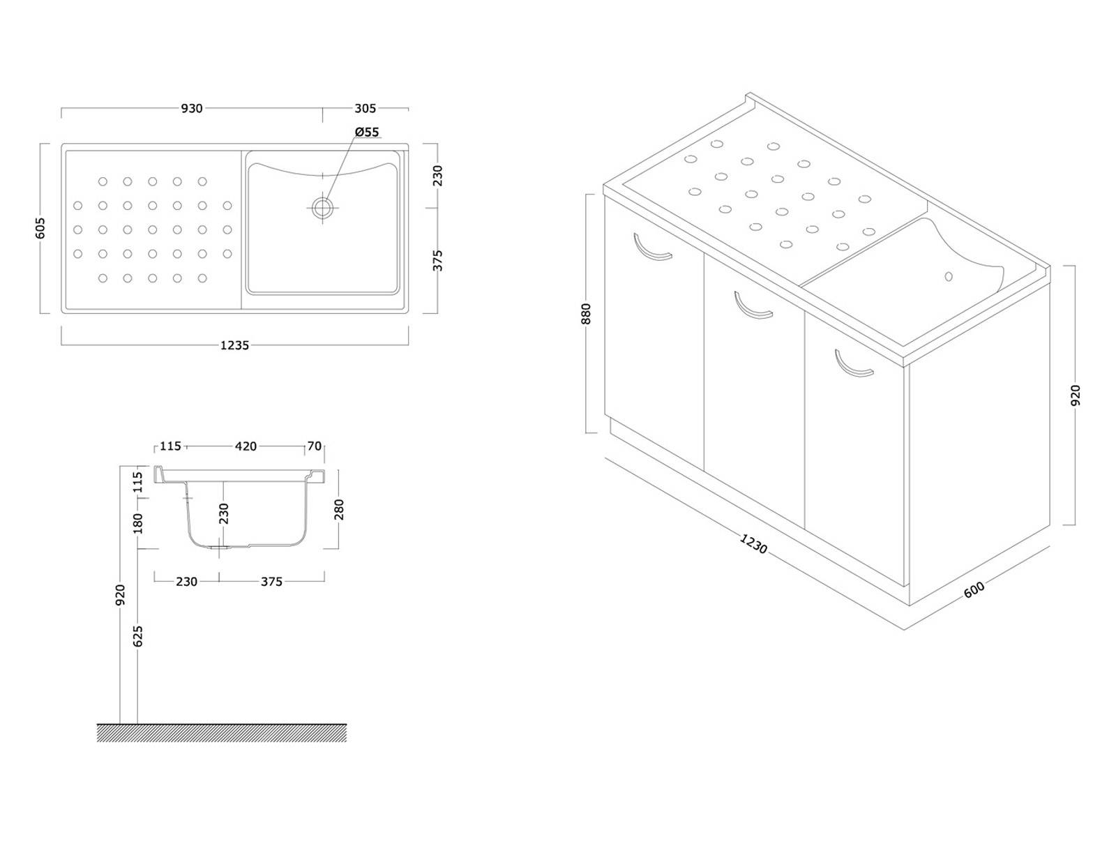 Coprilavatrice da interno 123x60x92 cm con 3 ante con asse in legno con  lavatrice a sinistra