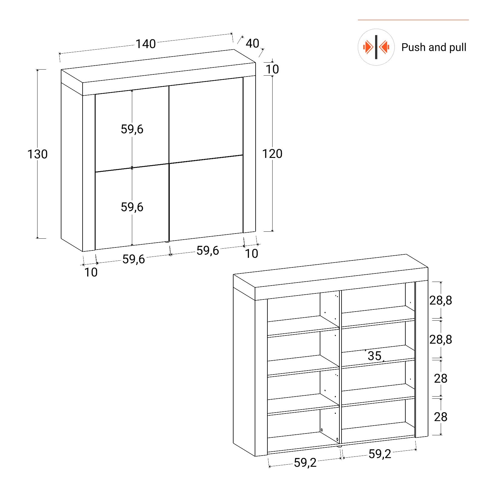 Credenza 140 Cm Bianco Lucido Con Illuminazione A LED, 3 Cassetti E 2 Ante, Controllo App, Moderna Per Soggiorno