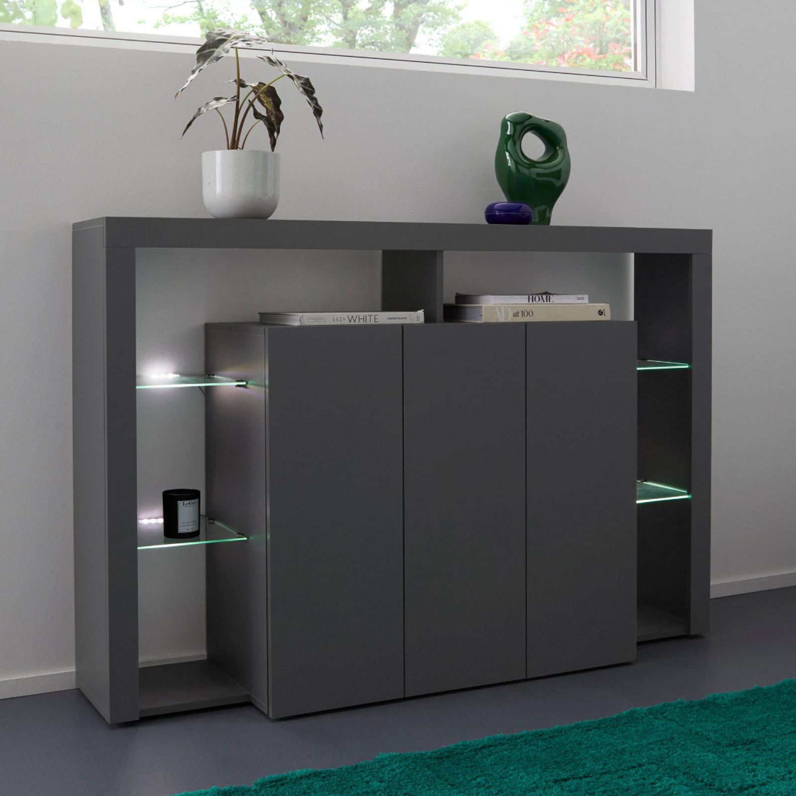 Credenza Cuba V3 Nero Opaco - Mobile Moderno Con 12 Scomparti, 130.5x105.5x35.5cm, Design Tedesco