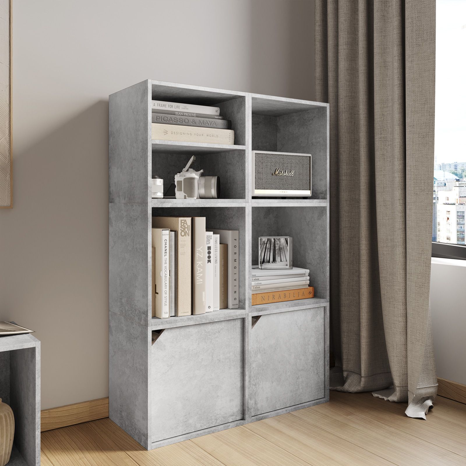 Libreria cubo 9 scomparti colore cemento 107x33xh.107 cm